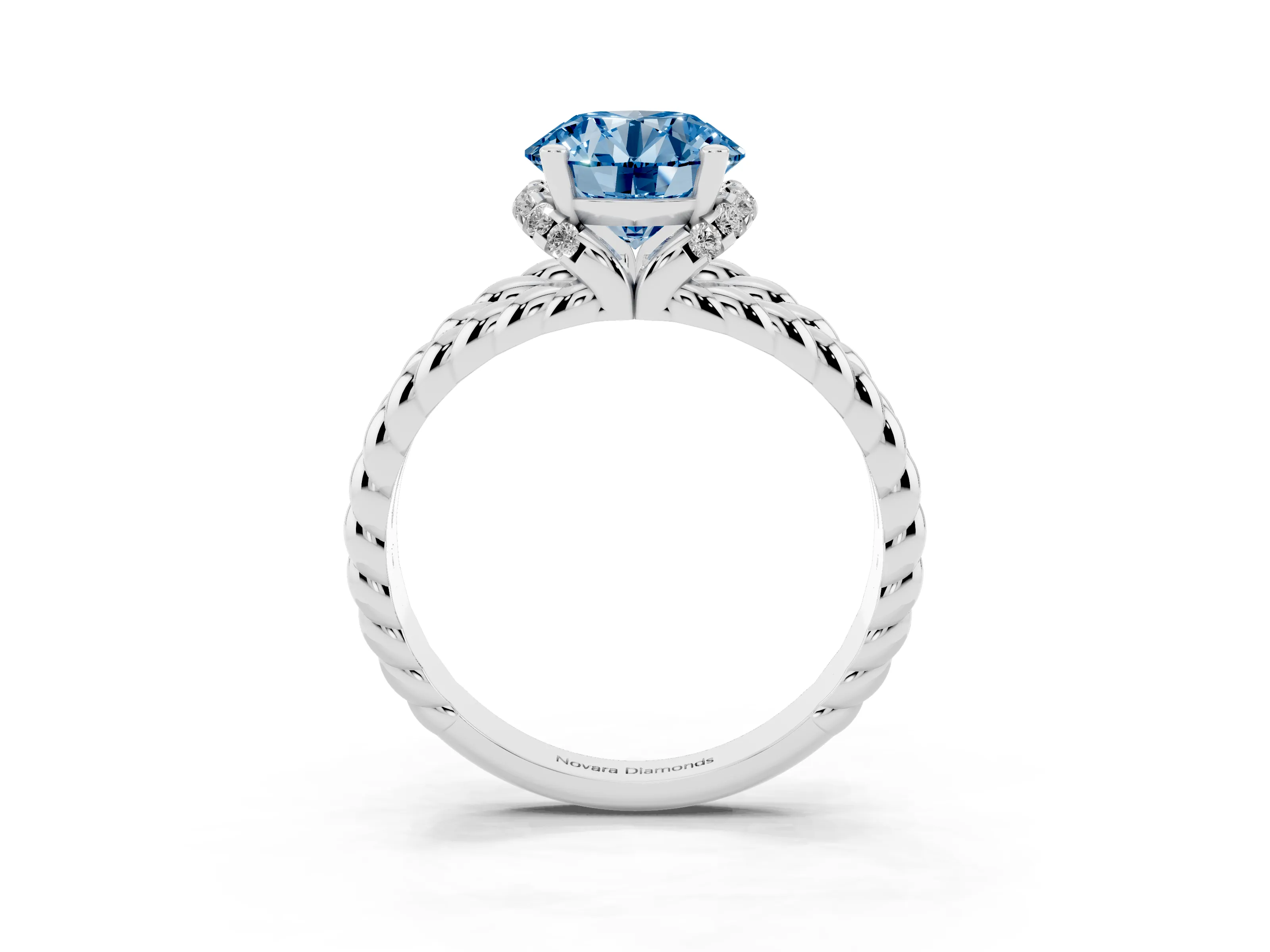 Fancy Blue Round Cut Diamond Halo Ring Set in Platinum with Twisted Band and Prong Setting