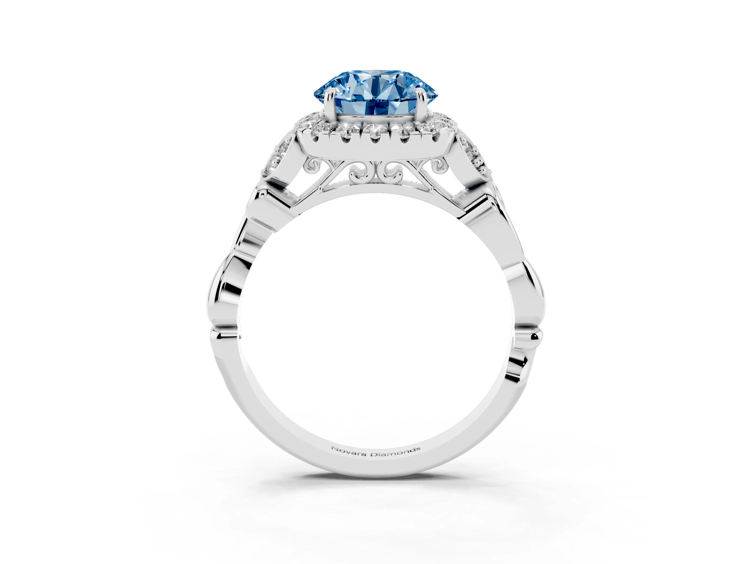 Fancy Blue Round Cut Diamond Halo Engagement Ring Set in White gold with Vintage-Inspired Band and Prong Setting