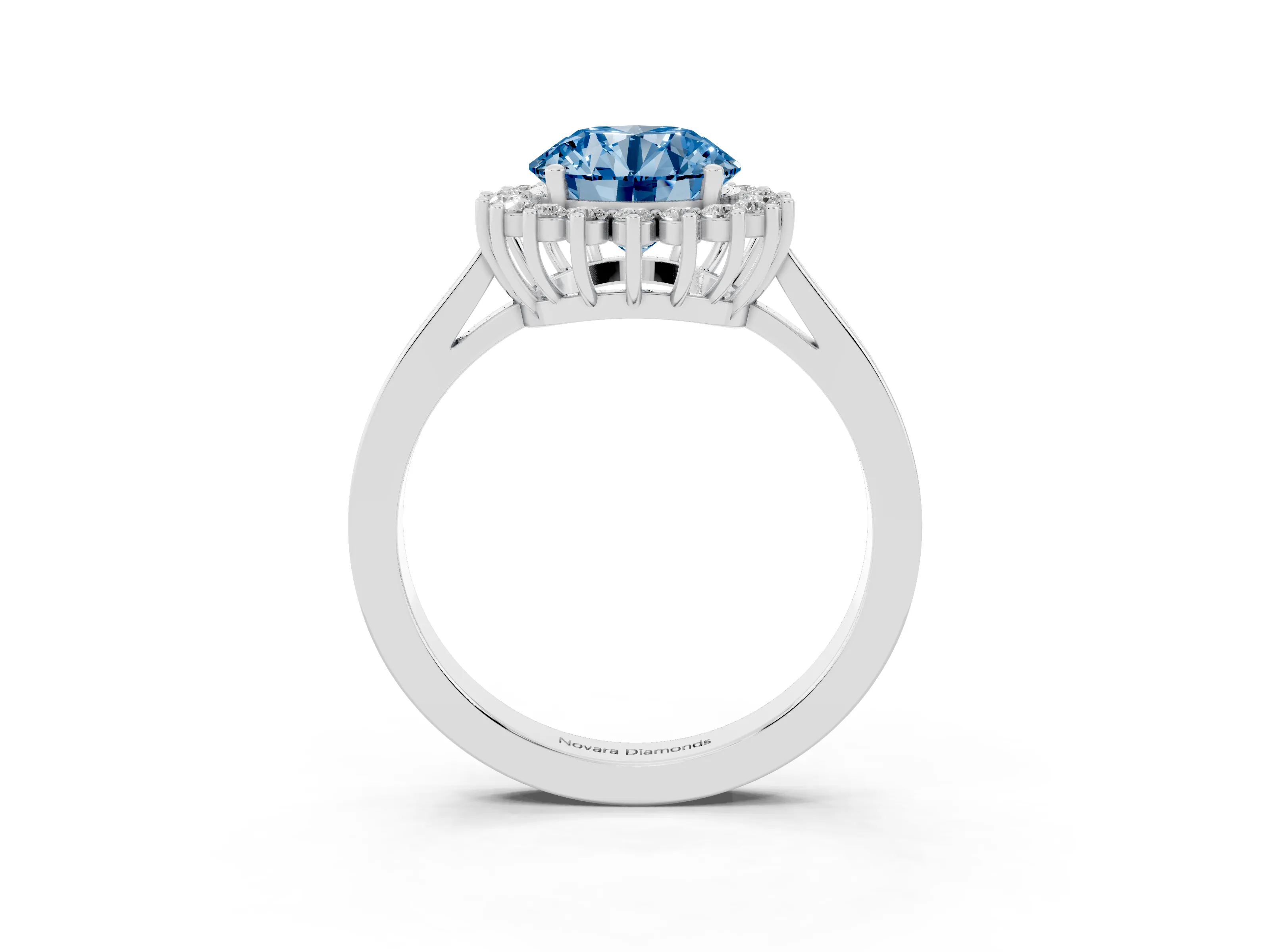 Fancy Blue Round Cut Diamond Halo Ring Set in Platinum with Round Halo and Smooth Solitaire Band