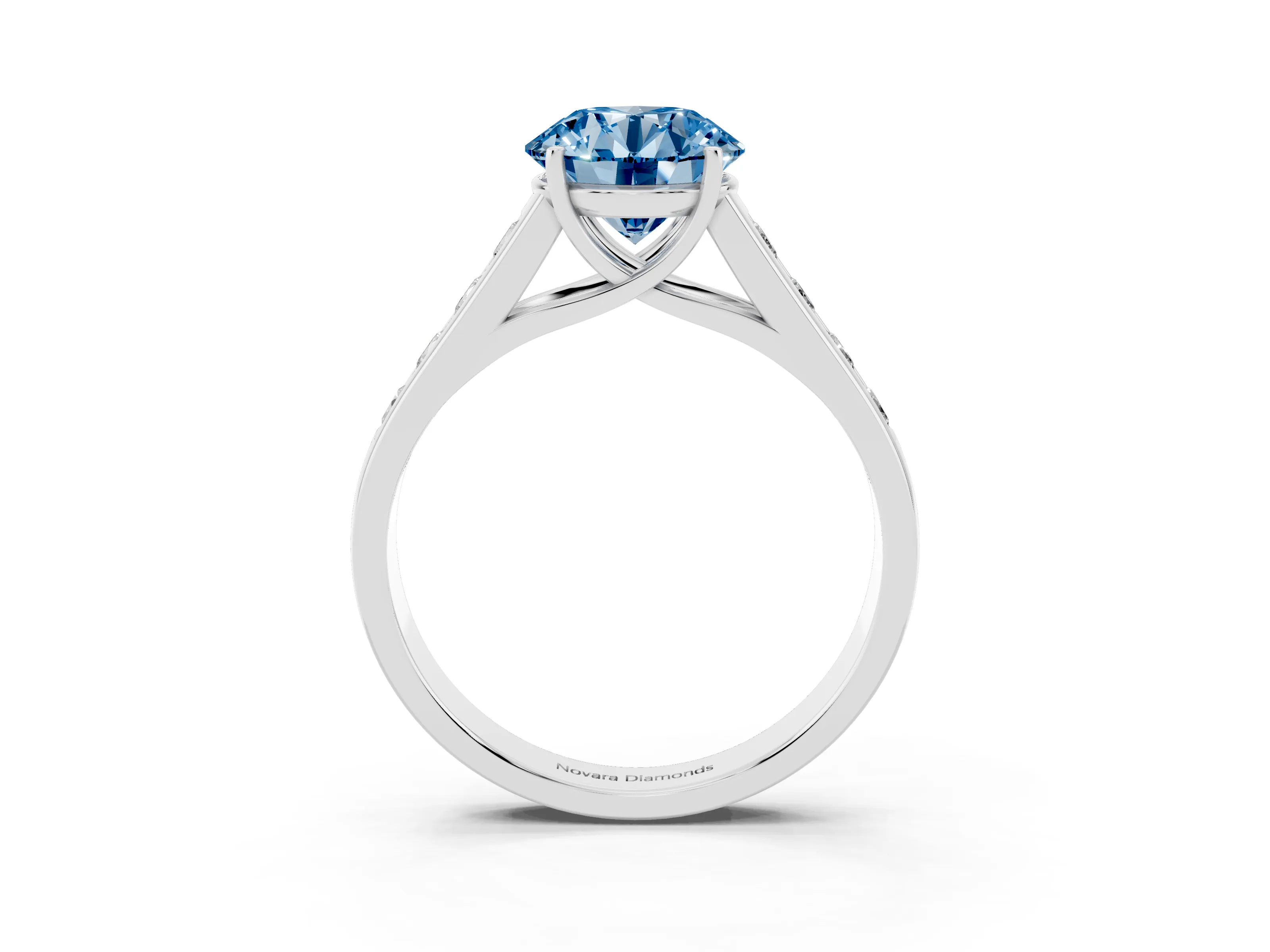 Fancy Blue Round Cut Diamond Solitaire Channel-Set Engagement Ring Set in Platinum with Prong Setting
