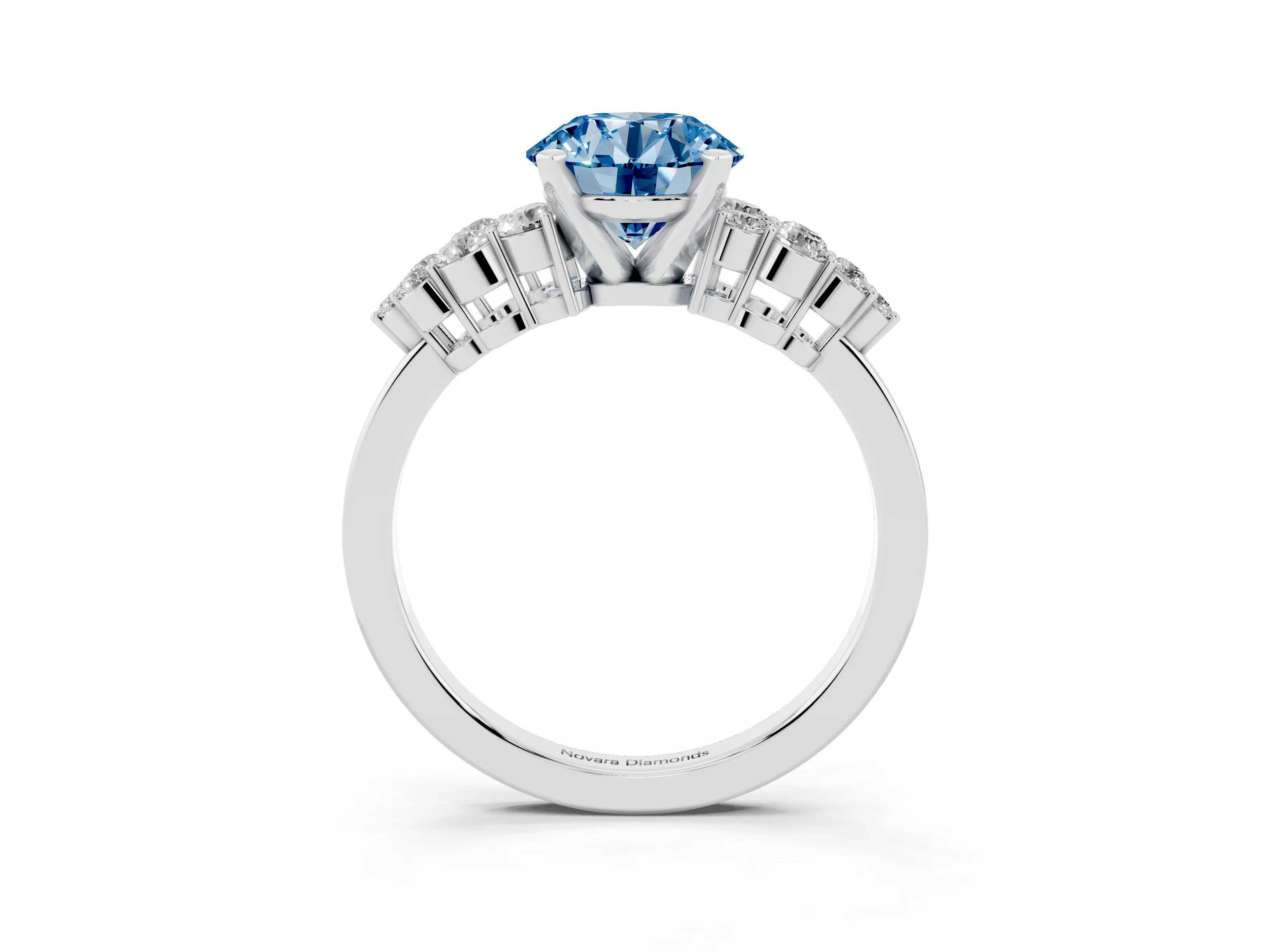 Fancy Blue Round Cut Diamond Cluster Engagement Ring Set in Silver with Pavé Band and Prong Setting
