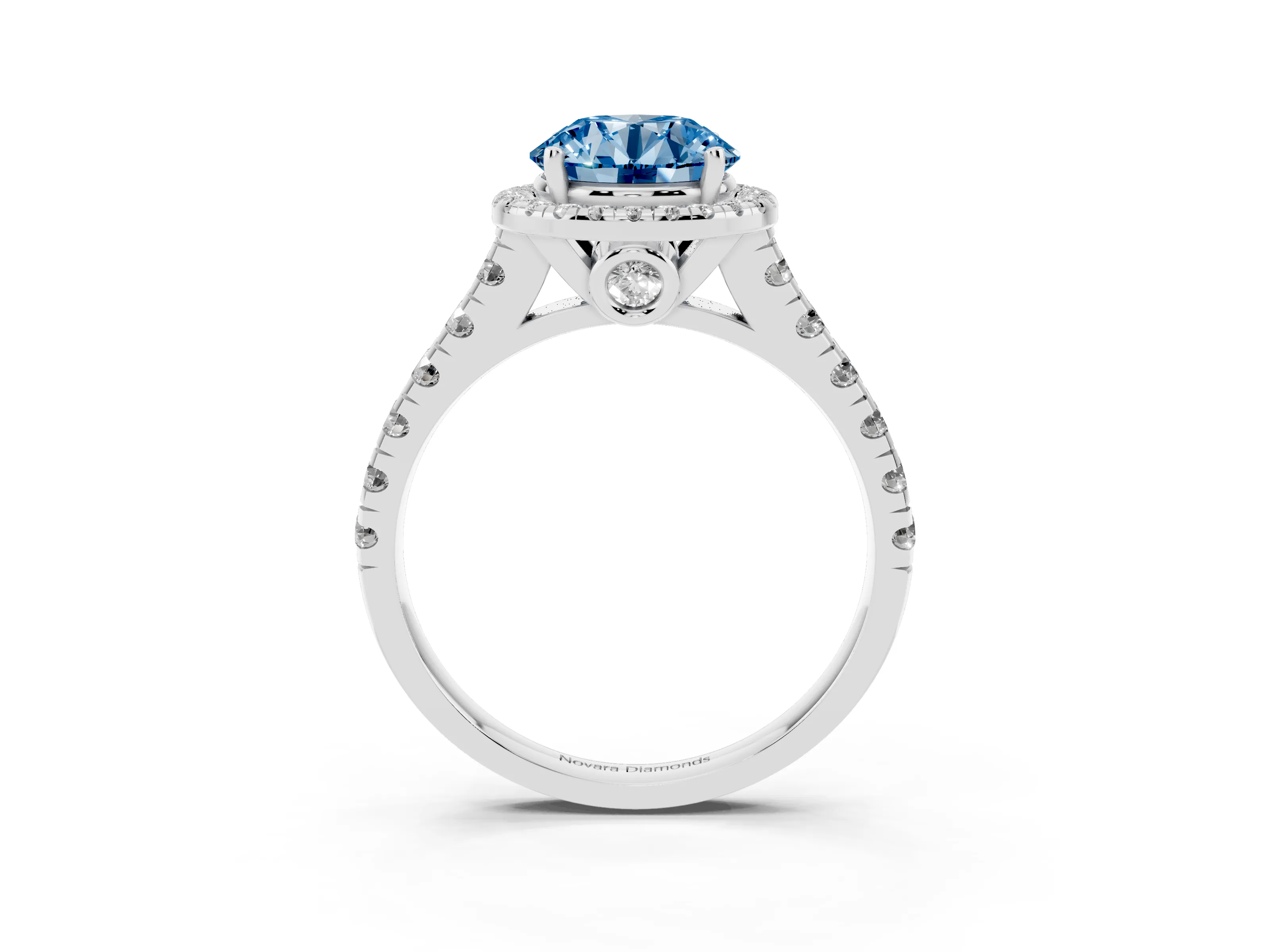 Fancy Blue Round Cut Diamond Halo Engagement Ring Set in Platinum with Pavé Band and Prong-Set Center