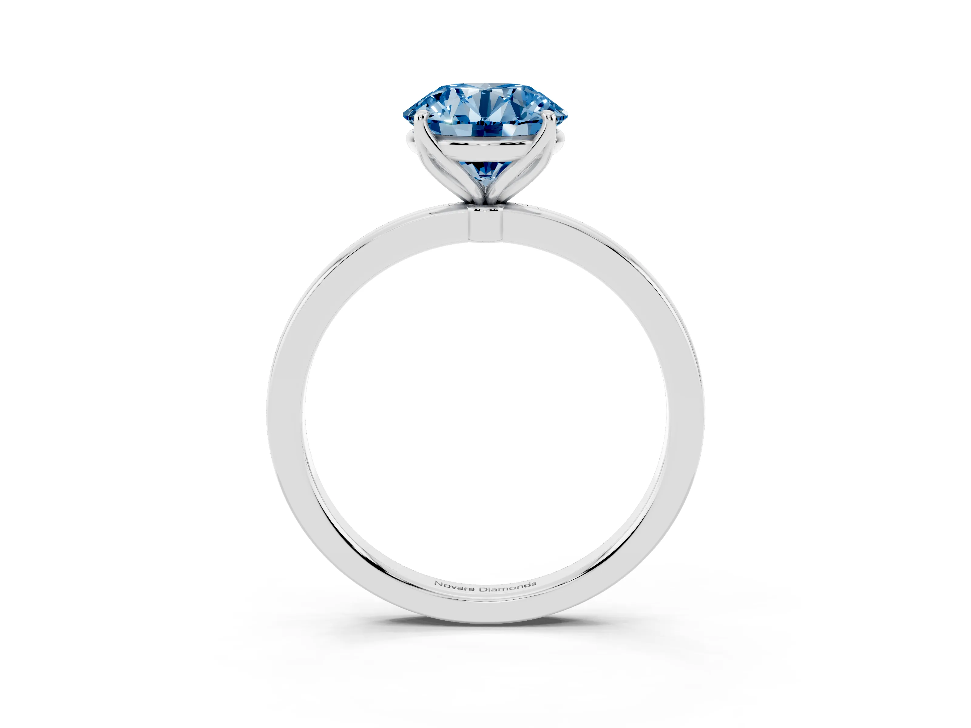 Fancy Blue Round Cut Diamond Solitaire Ring Set in White gold with Prong Setting and Thin Polished Band