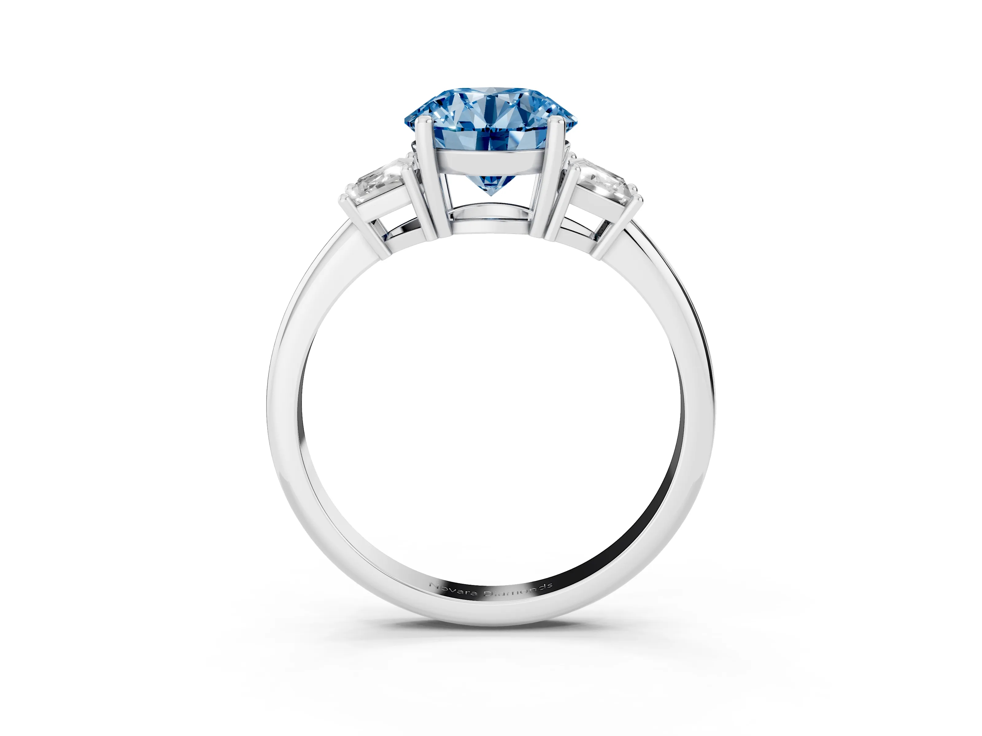 Fancy Blue Round Cut Diamond Three-Stone Ring Set in Silver with Trapezoid Side Stones and Prong Setting