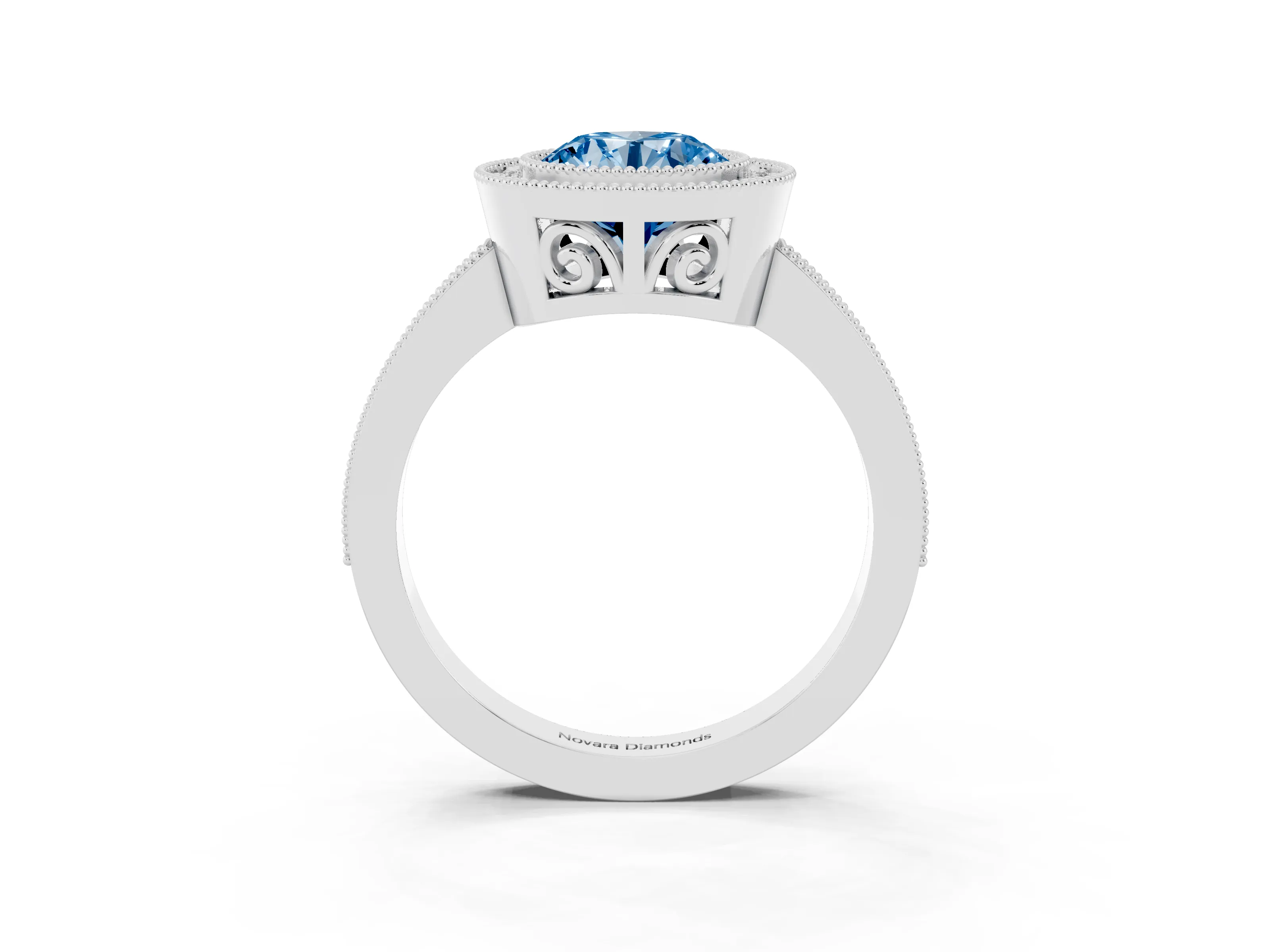 Fancy Blue Round Cut Diamond Round Halo Ring Set in White gold with Pavé Band