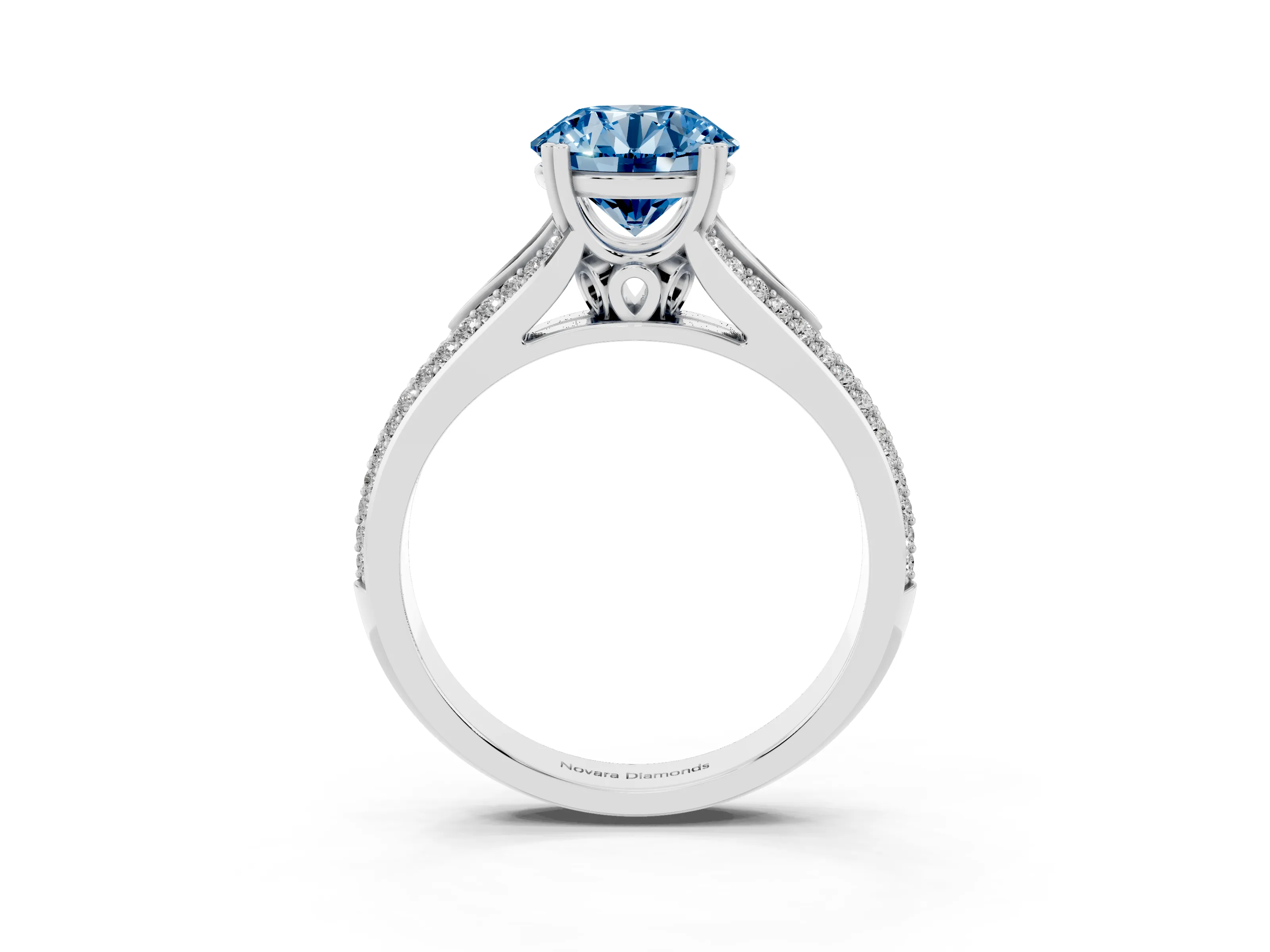 Fancy Blue Round Cut Diamond Split Shank Pavé Engagement Ring Set in Silver with Prong-Set Center Stone