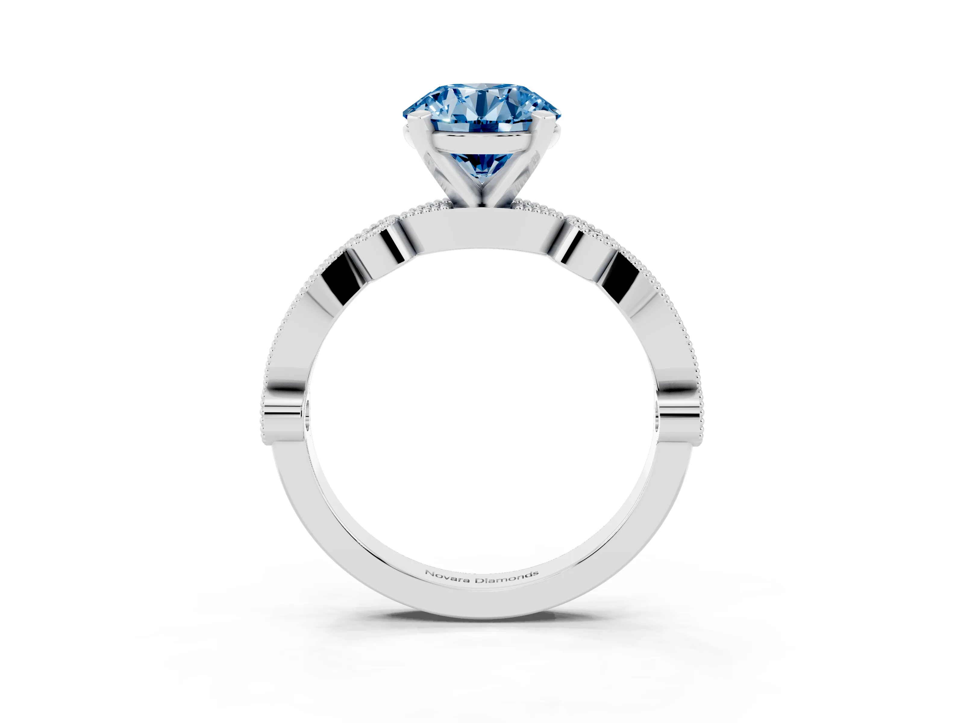 Fancy Blue Round Cut Diamond Solitaire Engagement Ring Set in Silver with Milgrain Bezel Accent Band