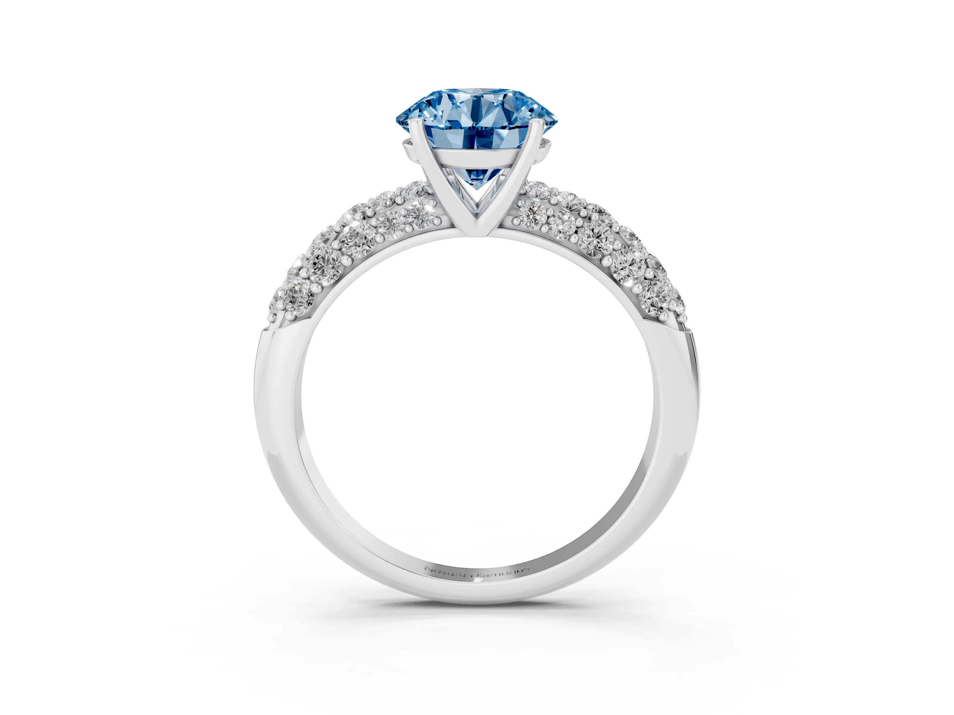 Fancy Blue Round Cut Diamond Pavé Band Solitaire Ring Set in Silver with Close-Set Accent Stones and Prong Setting