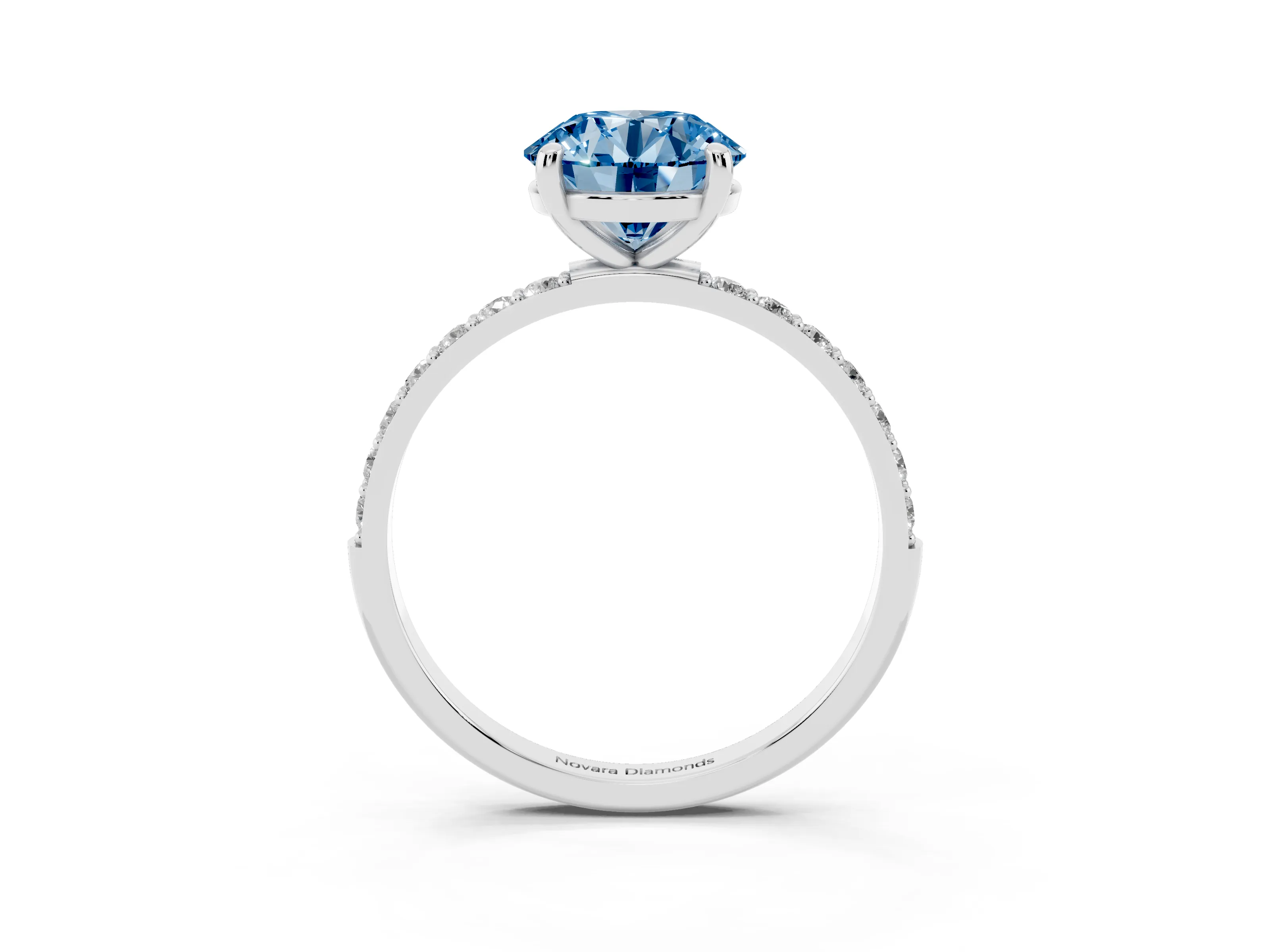 Fancy Blue Round Cut Diamond Solitaire Ring Set in Platinum with Round Pavé Band and Prong Setting