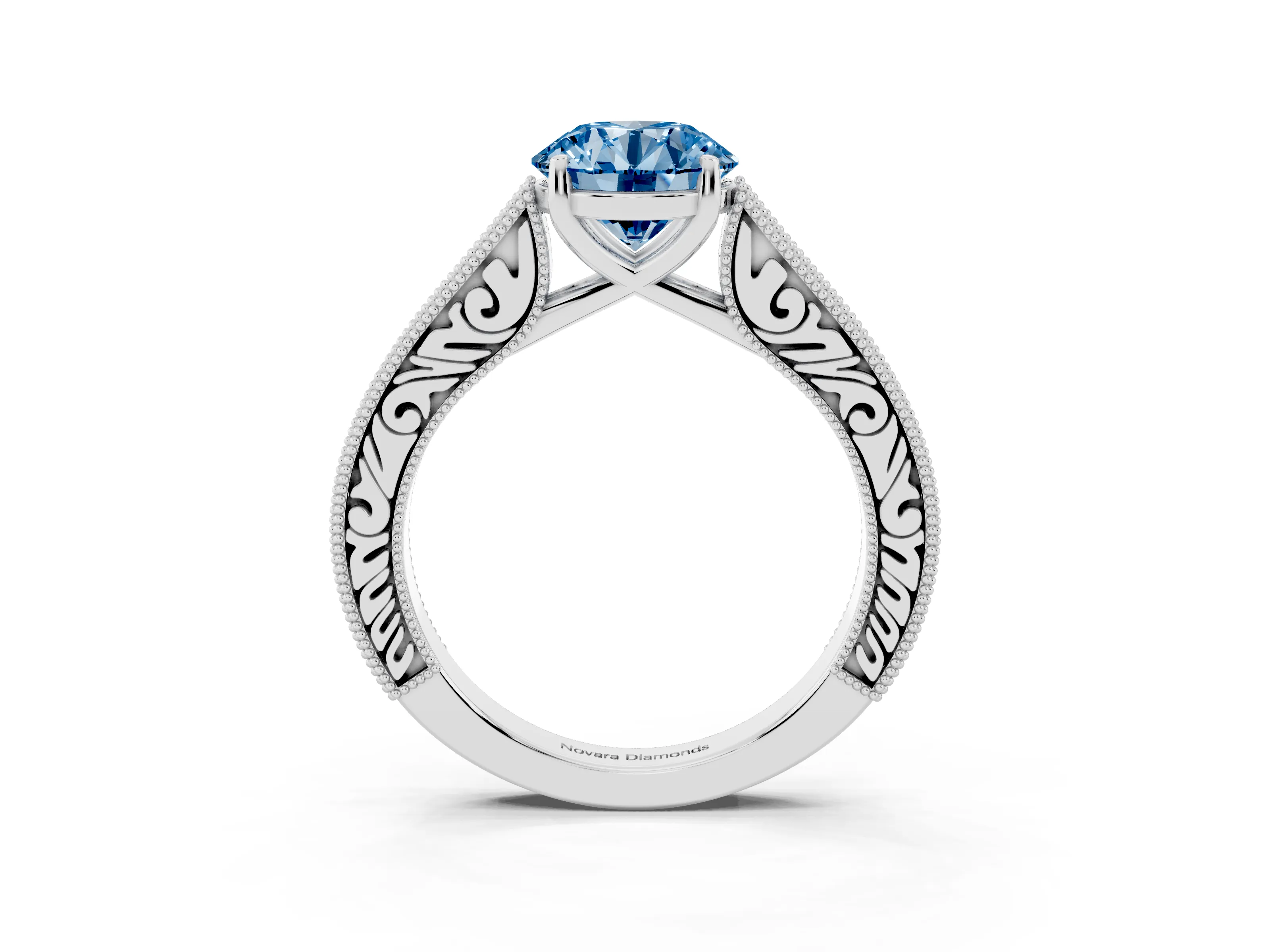 Fancy Blue Round Cut Diamond Milgrain Pavé Band Solitaire Ring Set in Platinum with Prong Setting