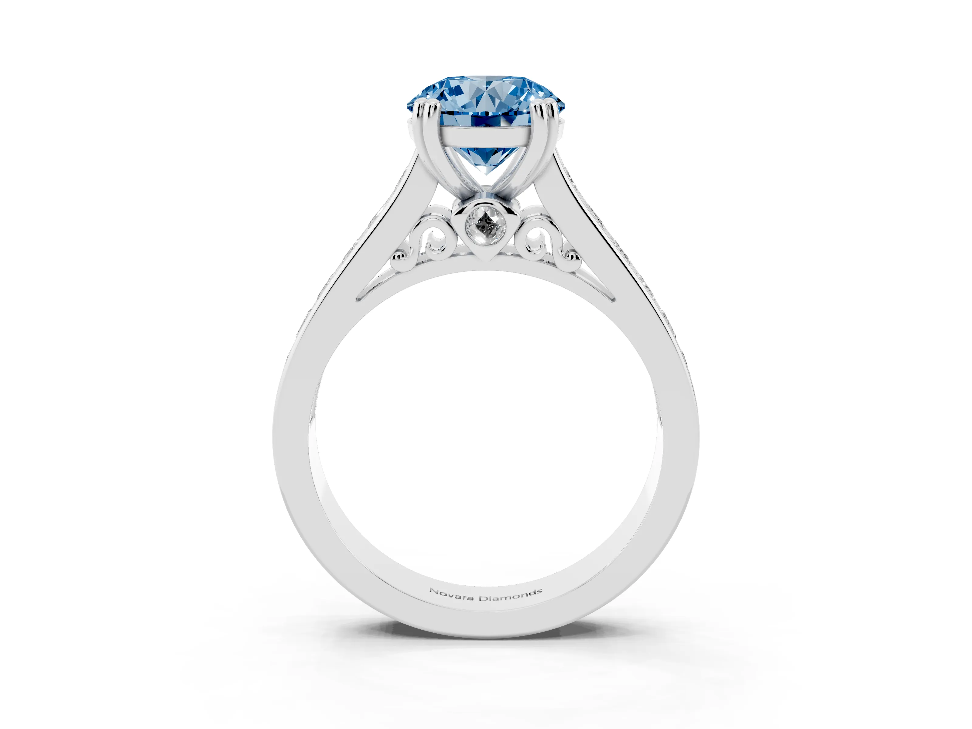 Fancy Blue Round Cut Diamond Channel Set Solitaire Engagement Ring Set in Platinum with Prong Setting