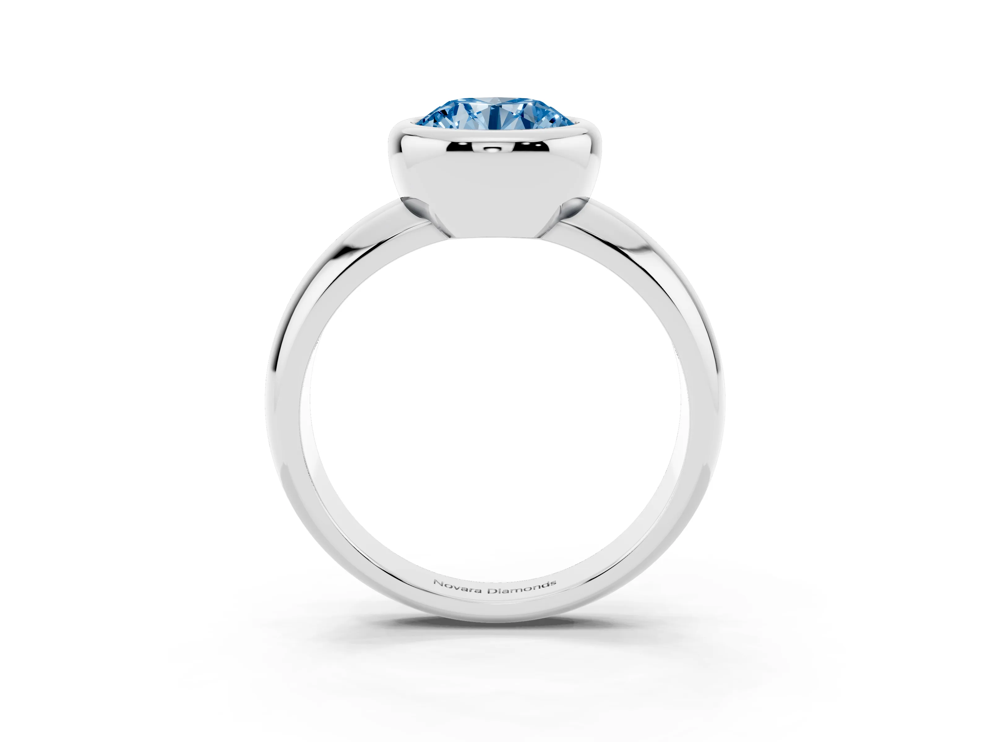 Fancy Blue Bezel Set Round Cut Diamond Solitaire Ring Set in Platinum with Wide Band