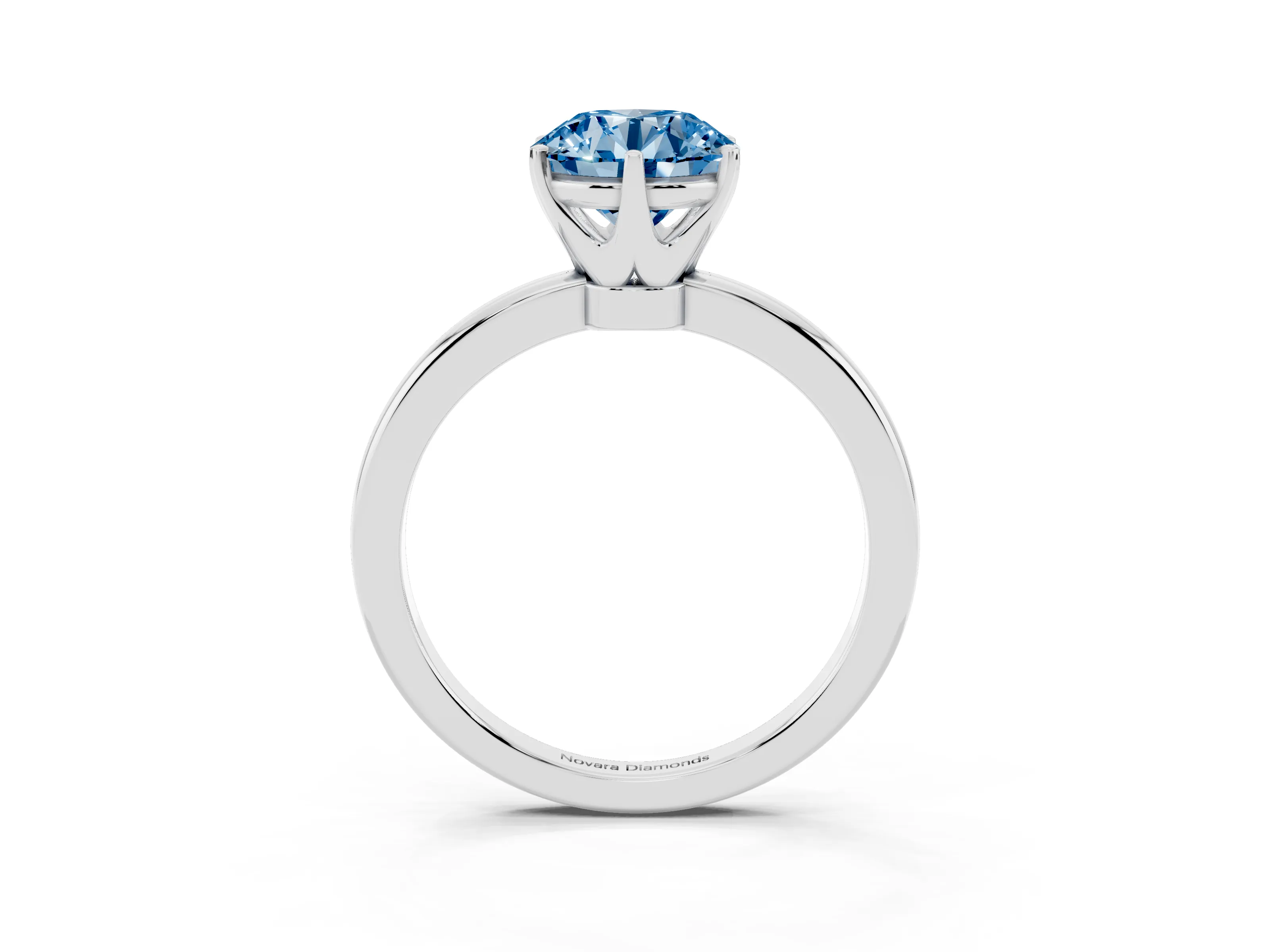 Fancy Blue Round Cut Diamond Solitaire Ring Set in White gold with Raised Prong Setting on a Classic Band