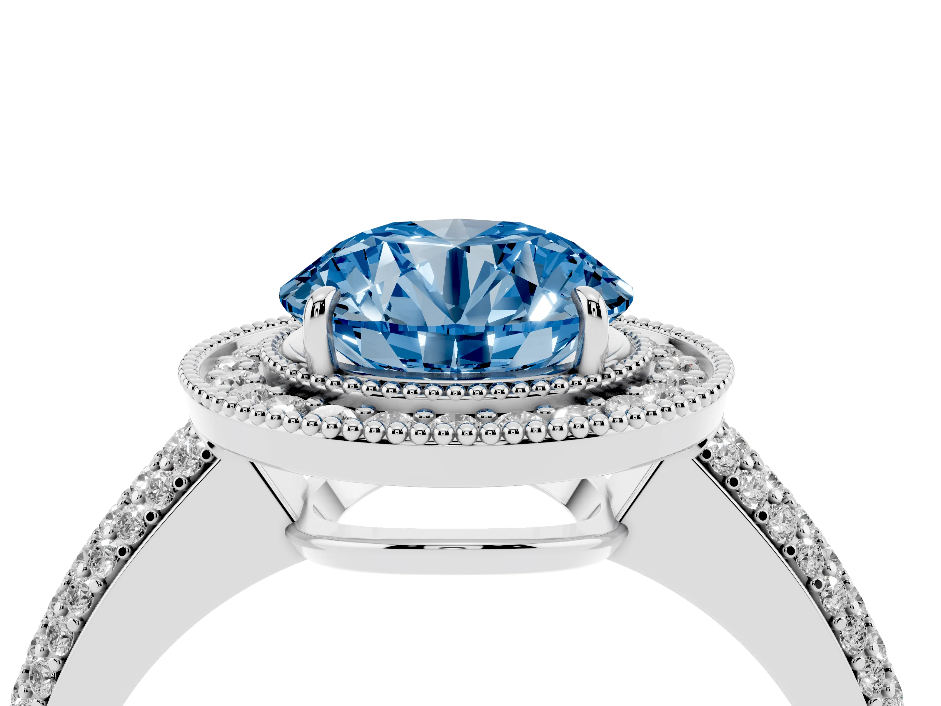 Fancy Blue Round Cut Diamond Halo Pavé Band Set in White gold with Prong Setting