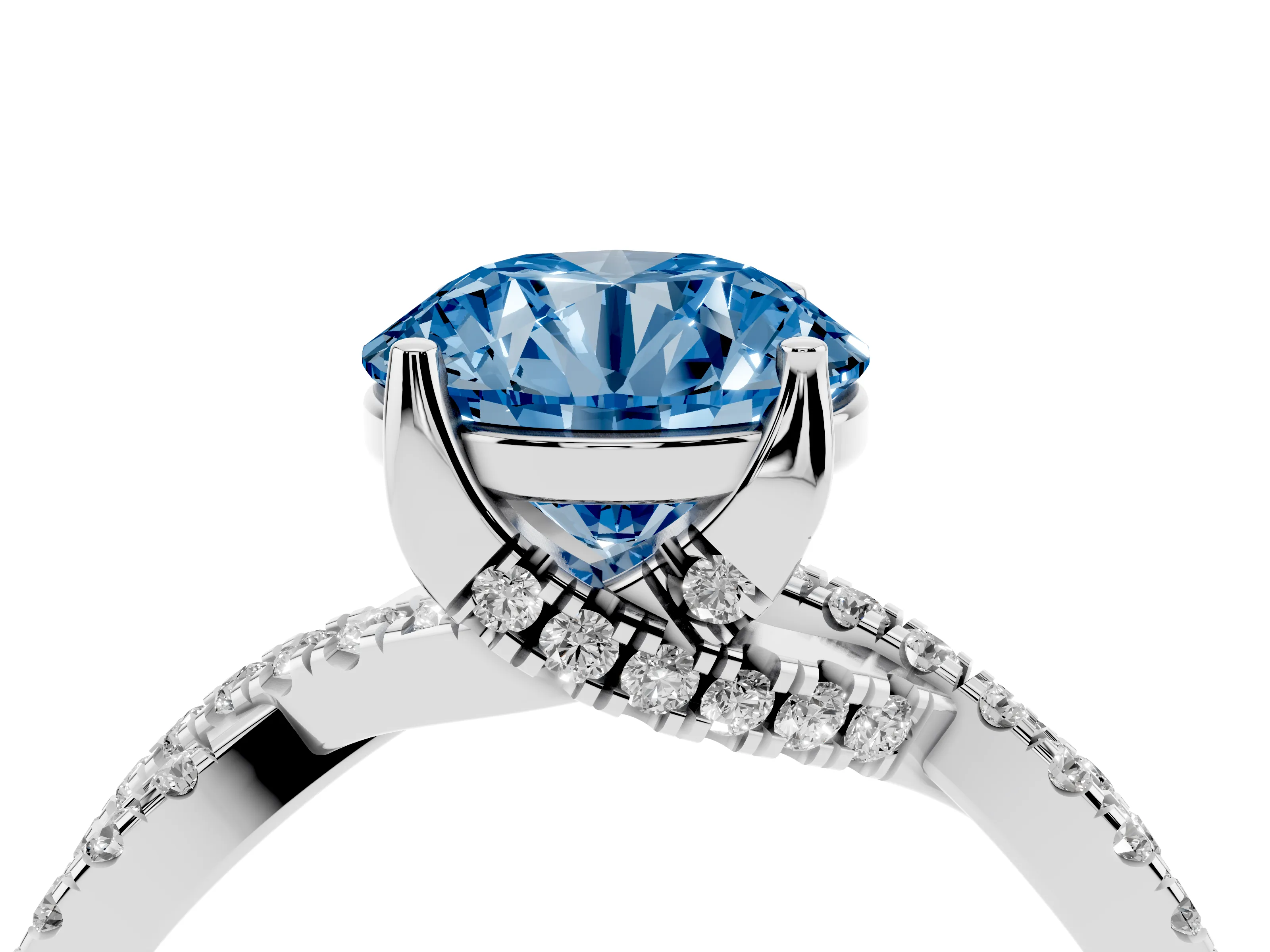 Fancy Blue Round Cut Diamond Twist Pavé Solitaire Engagement Ring Set in Platinum with Prong Setting