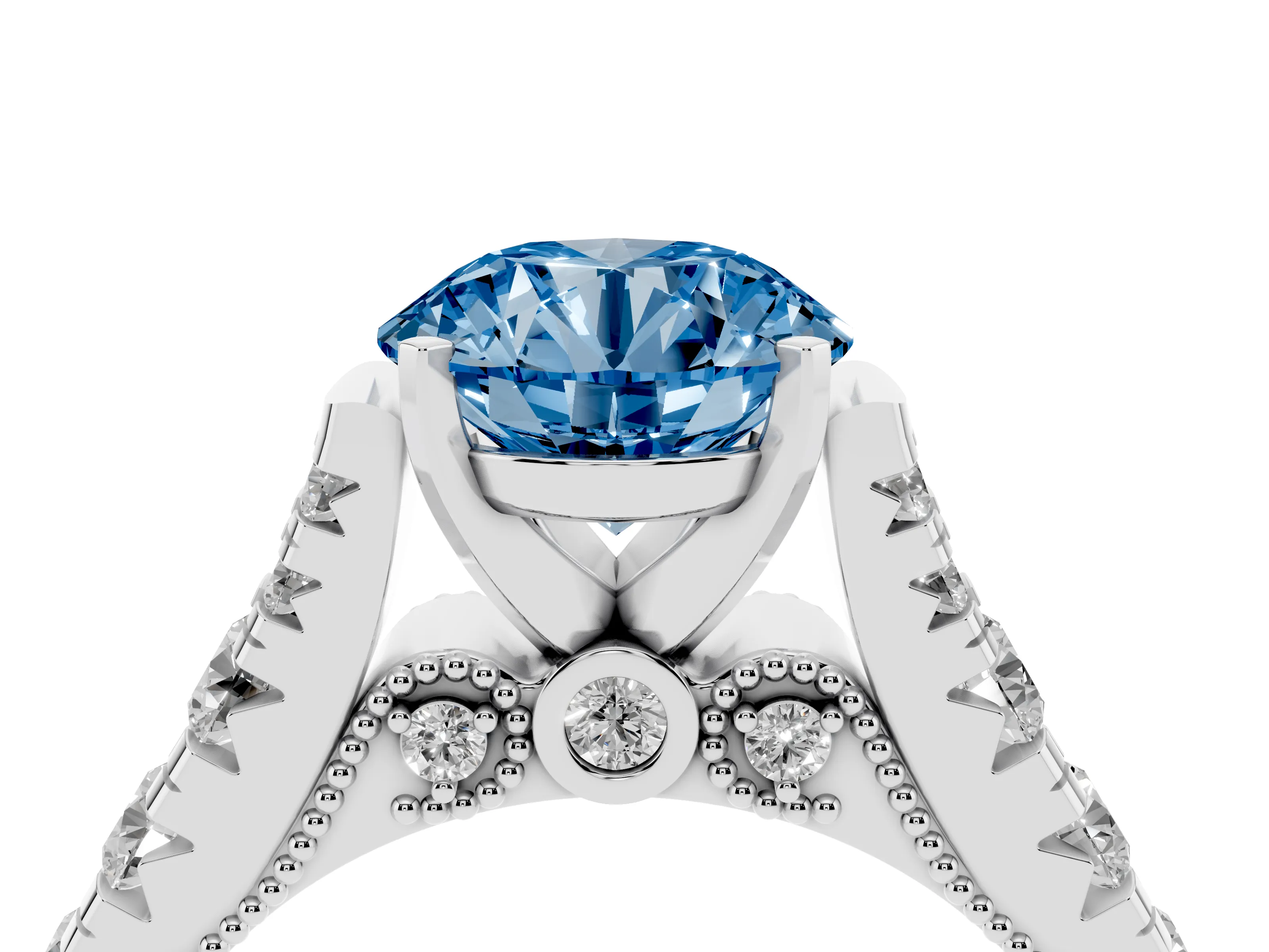 Fancy Blue Round Cut Diamond Classic Solitaire Ring Set in Platinum with Pavé Band and Prong Setting