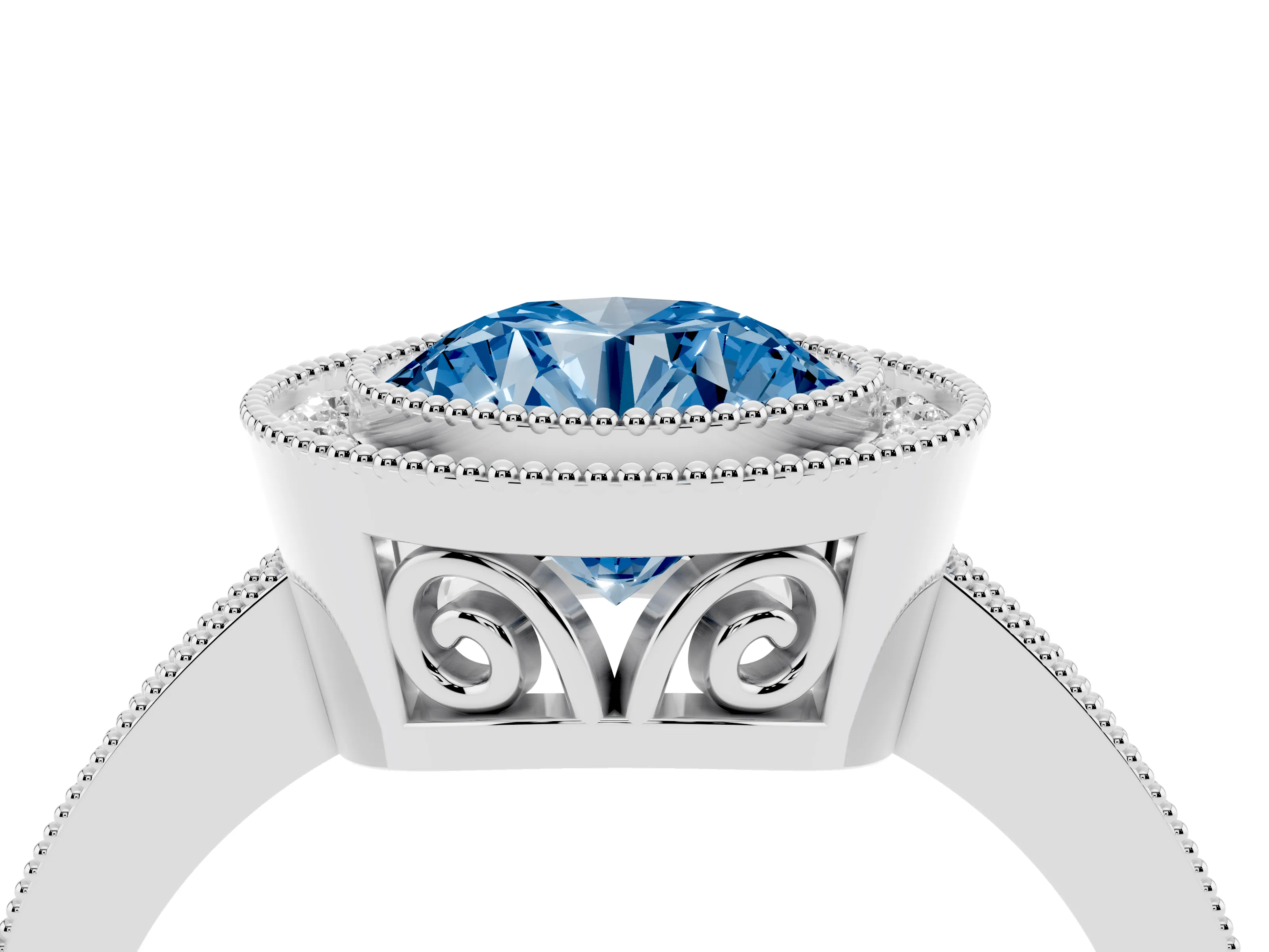 Fancy Blue Round Cut Diamond Halo Ring Set in White gold with Pavé Band and Milgrain-Edged Prongs