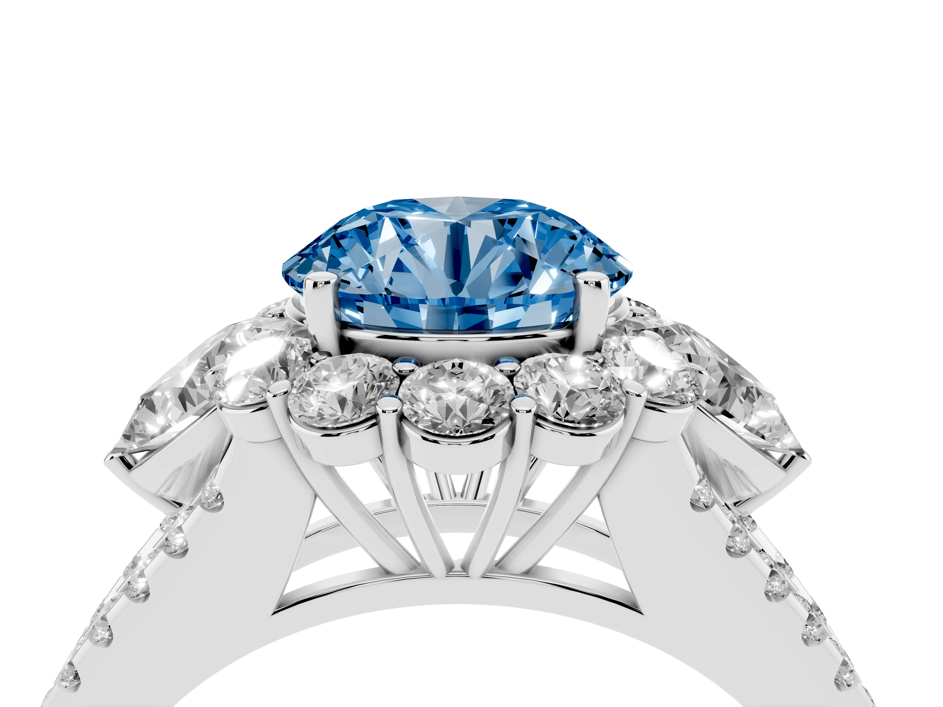 Fancy Blue Round Cut Diamond Halo Split Shank Engagement Ring Set in Silver with Prong-Held Center Stone