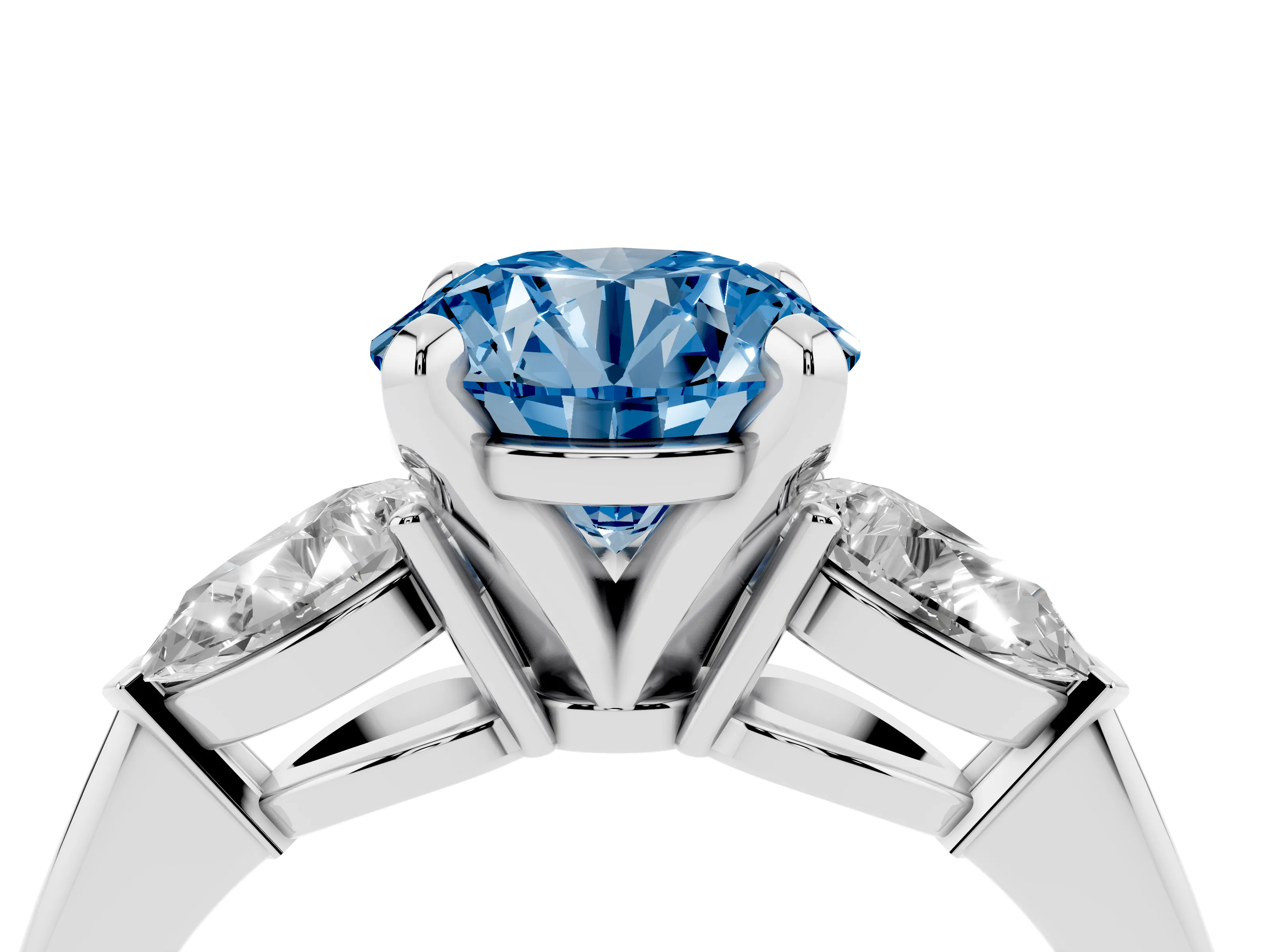 Fancy Blue Three-Stone Round Cut Diamond Ring Set in Silver with Pear Side Stones and Prong Setting