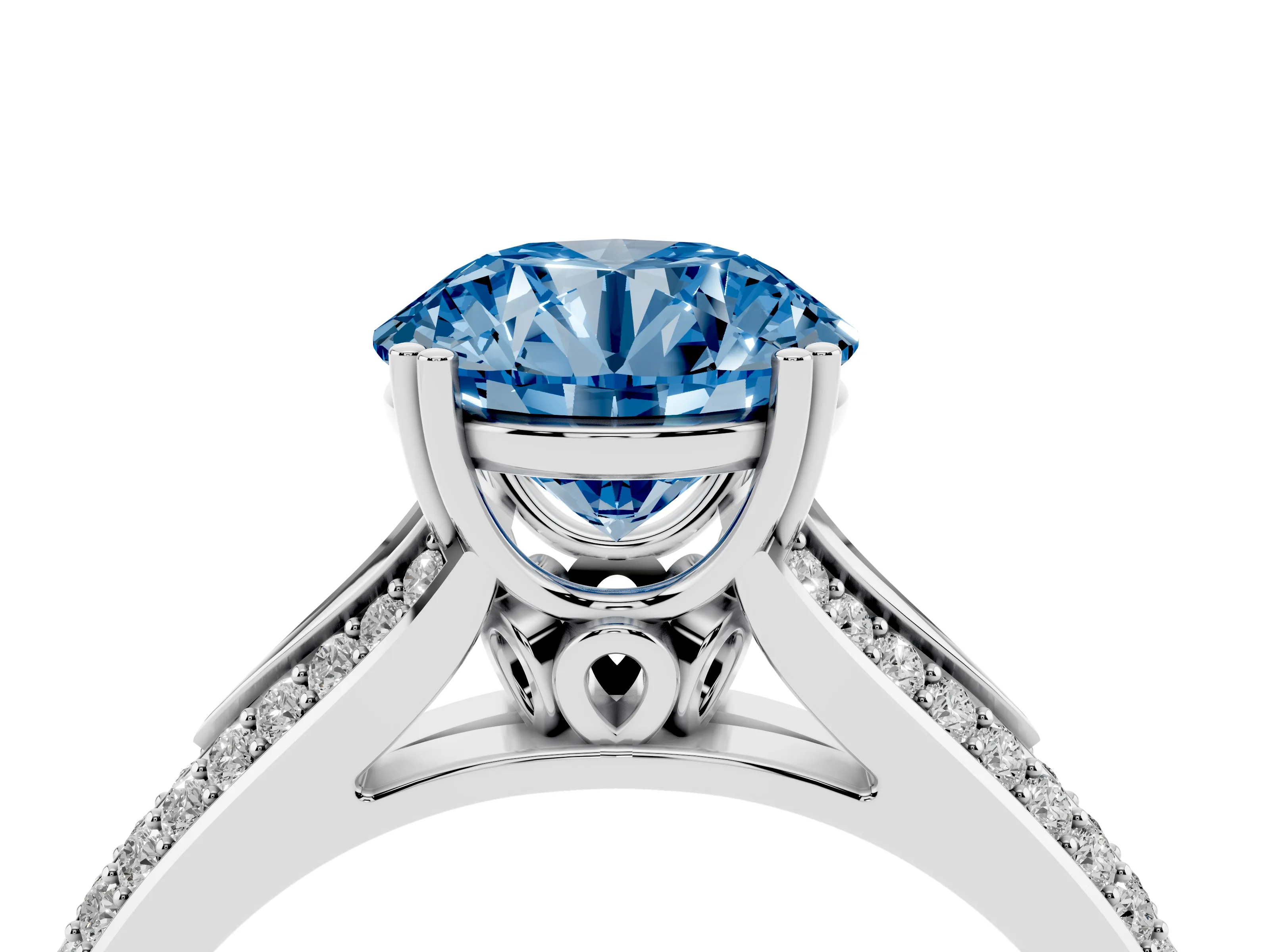 Fancy Blue Round Cut Diamond Split Shank Pavé Engagement Ring Set in Silver with Prong-Set Center Stone