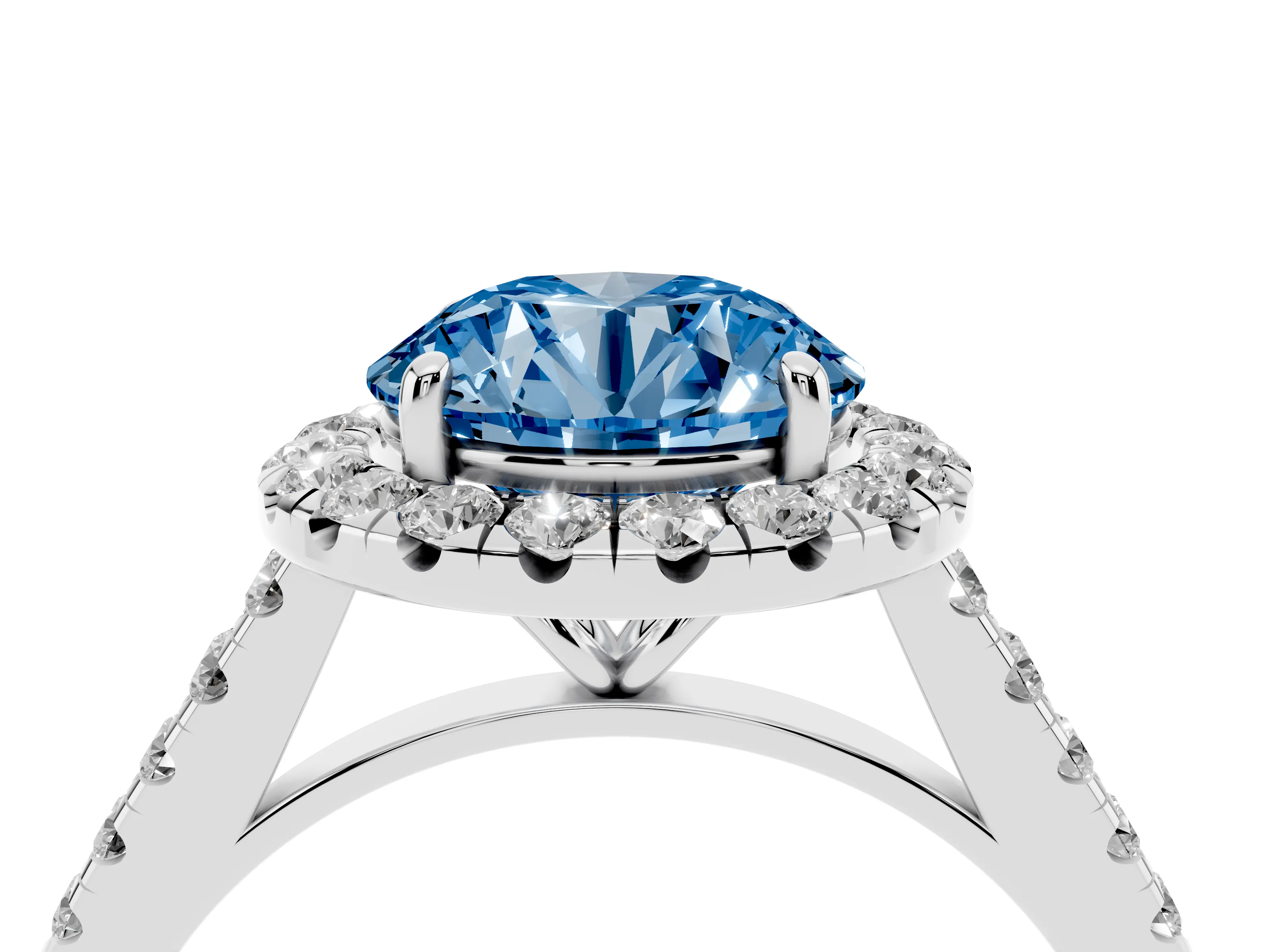 Fancy Blue Round Cut Diamond Halo Pavé Engagement Ring Set in White gold with Prong Setting
