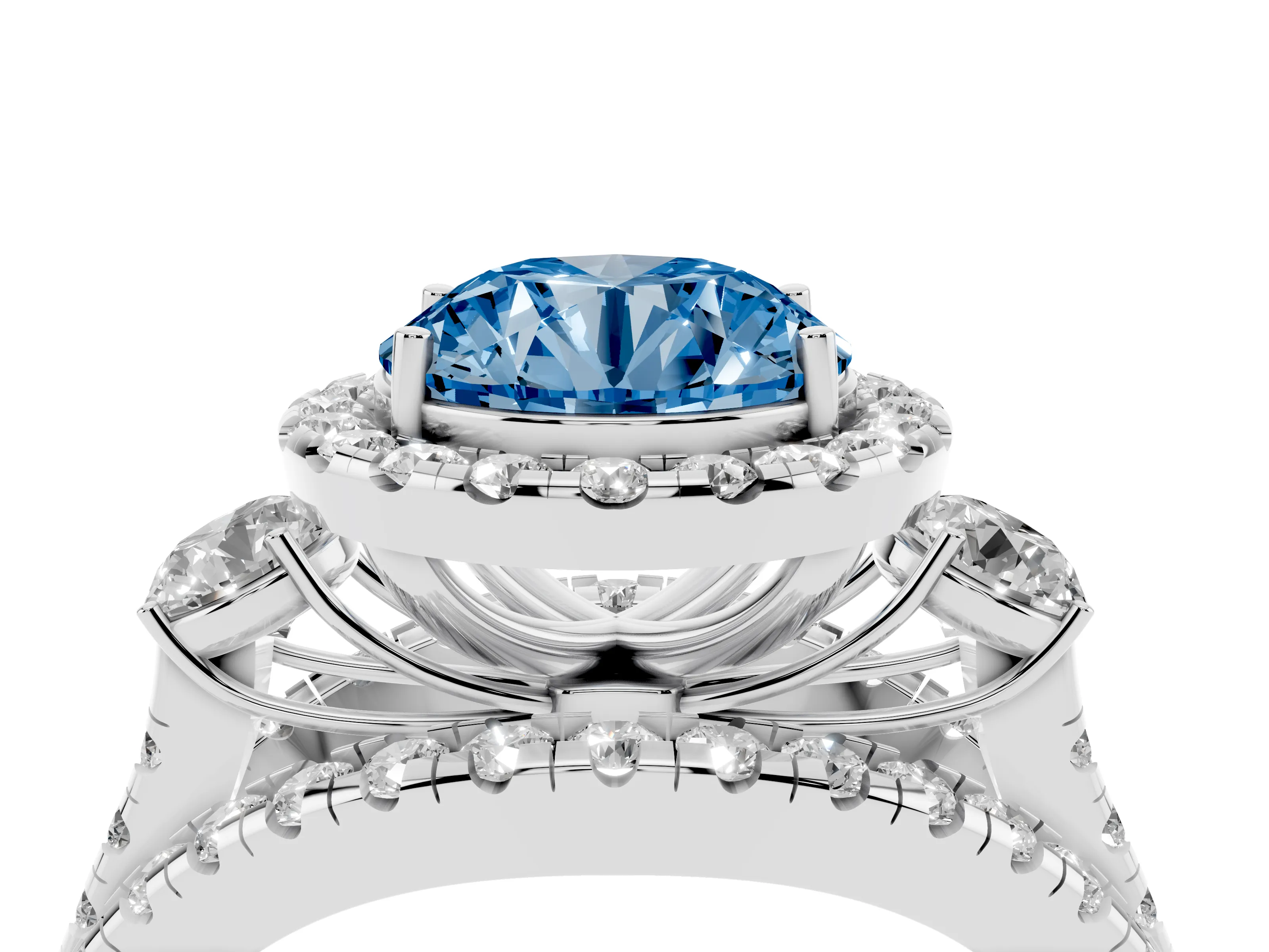 Fancy Blue Round Cut Diamond Halo Split Shank Ring Set in White gold with Round Accent Stones and Prong Setting
