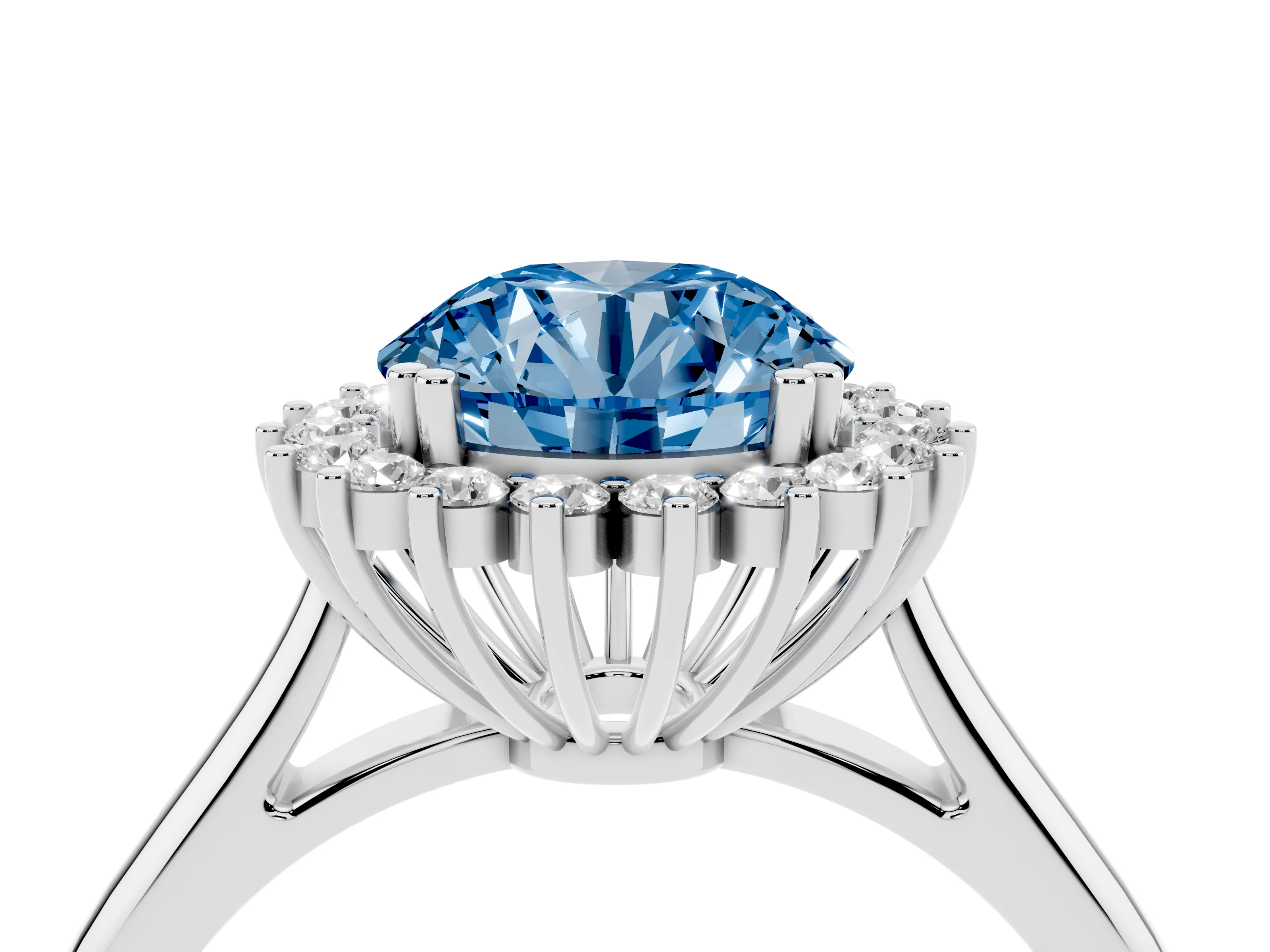 Fancy Blue Round Cut Diamond Halo Ring Set in Platinum with Plain Solitaire Band and Prong Setting