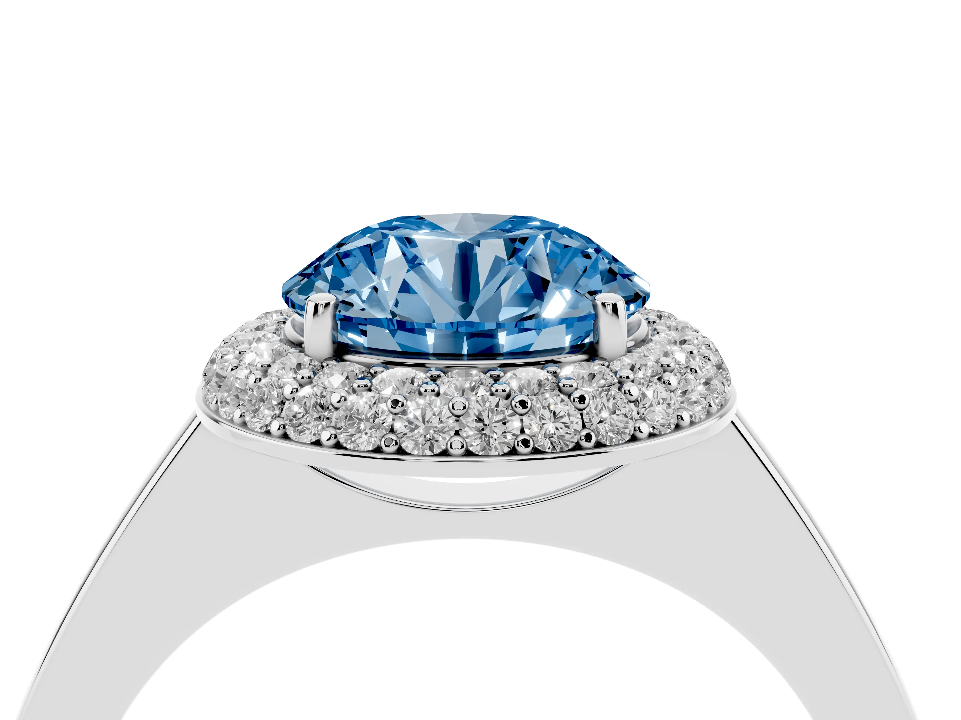 Fancy Blue Round Cut Diamond Halo Engagement Ring Set in Platinum with Solitaire Band and Prong Setting