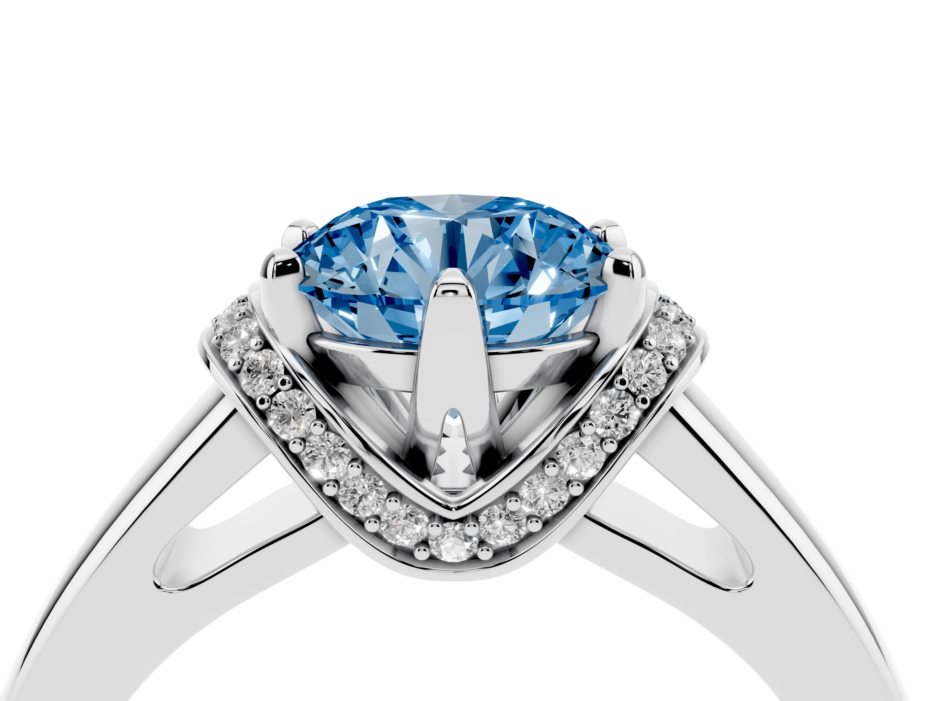 Fancy Blue Round Cut Diamond Pavé Band Solitaire Ring Set in Silver with Prong Setting