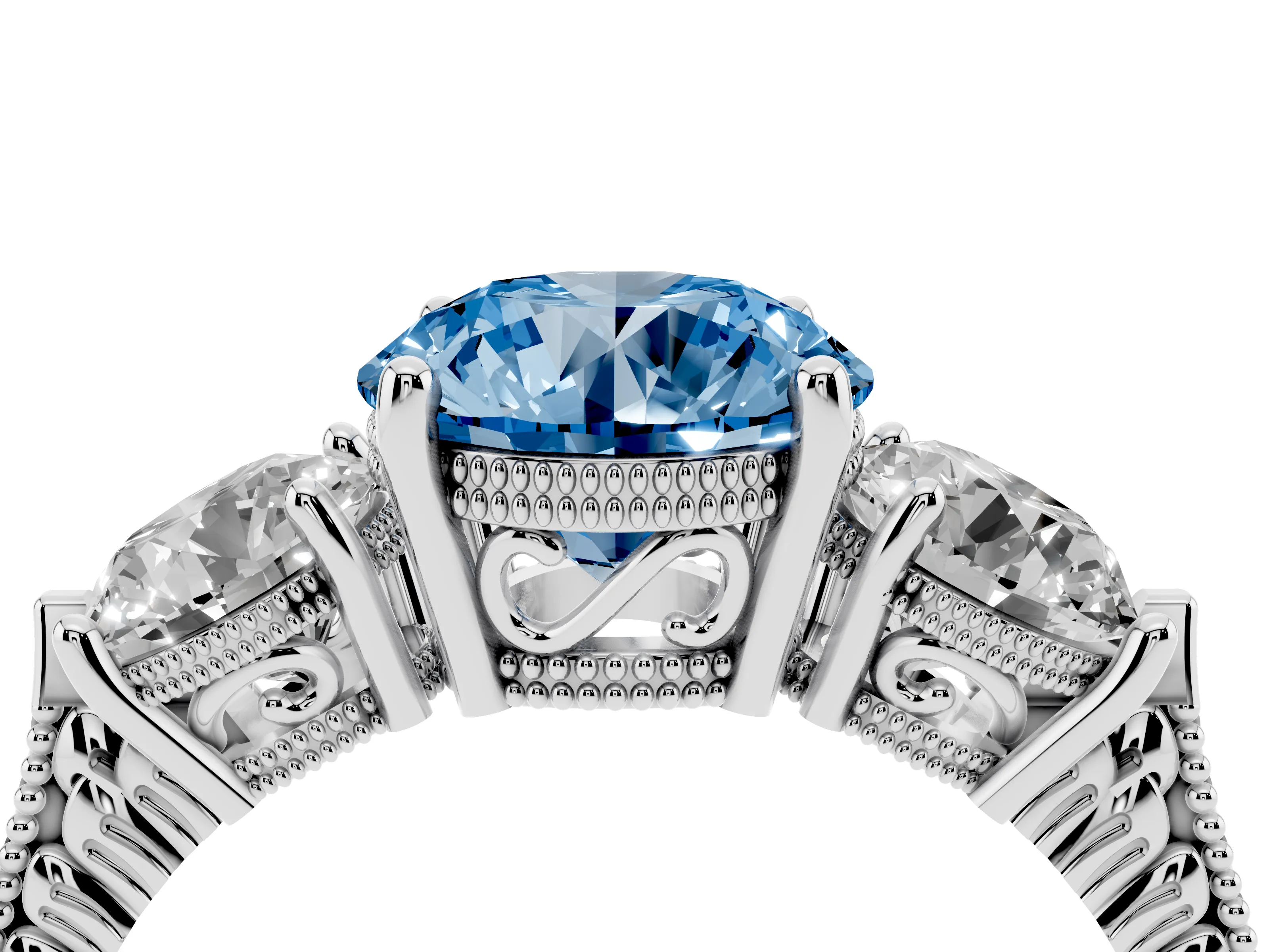 Fancy Blue Round Cut Diamond Three-Stone Ring Set in Silver with Milgrain Band