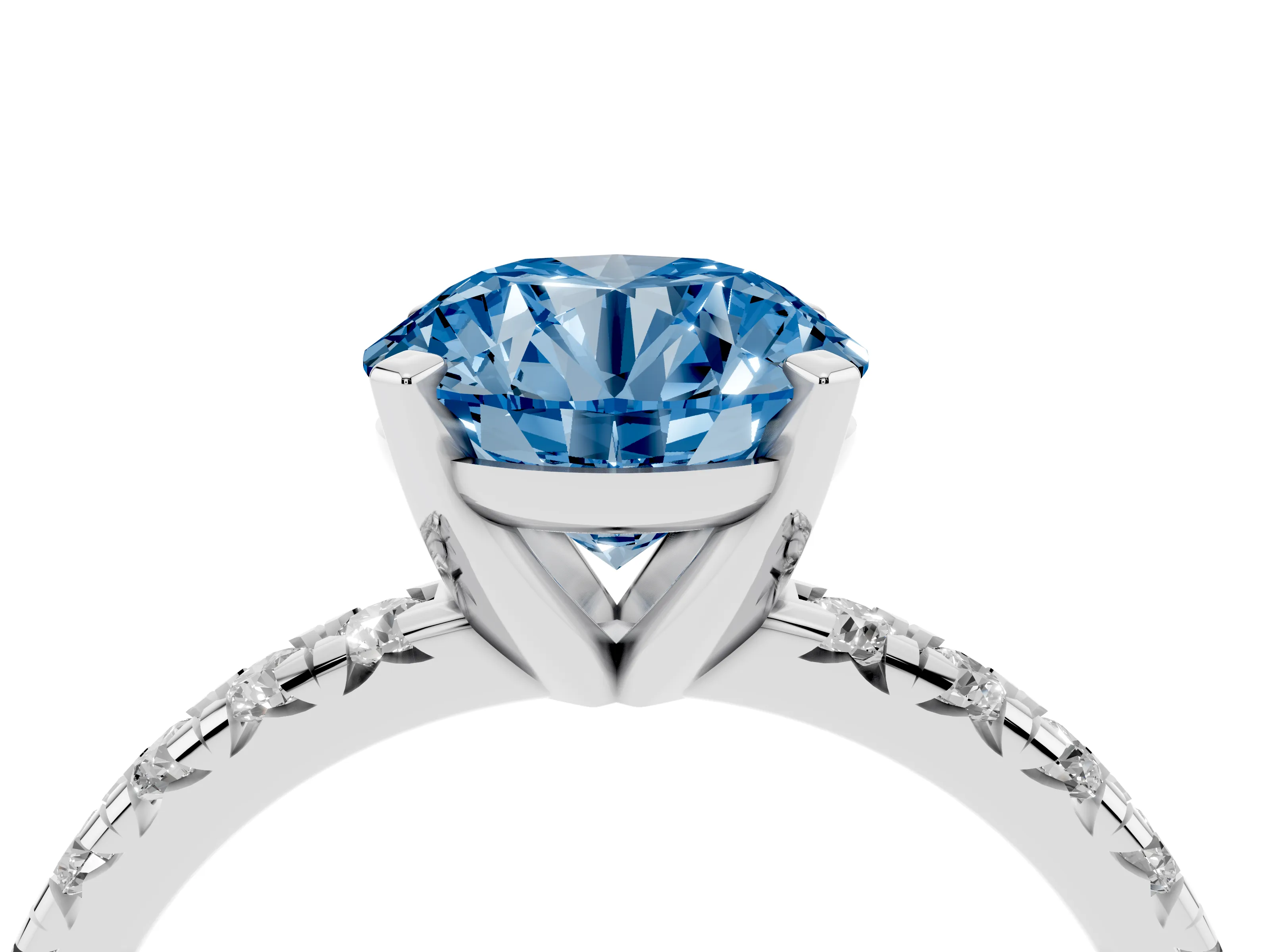 Fancy Blue Round Cut Diamond Solitaire Pavé Engagement Ring Set in Silver with Round Band and Prong Setting