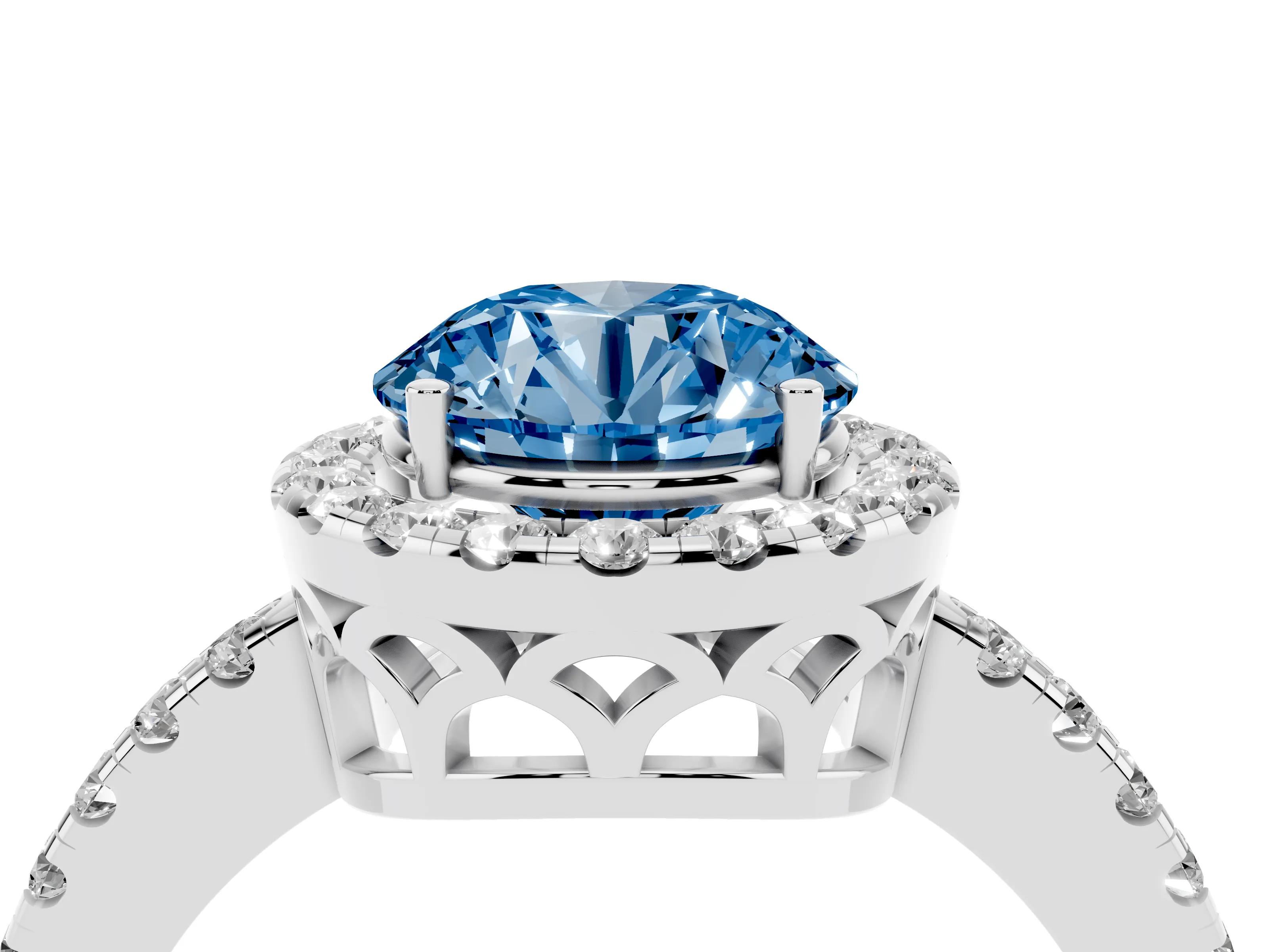 Fancy Blue Round Cut Diamond Pavé Band Halo Engagement Ring Set in White gold with Prong Setting