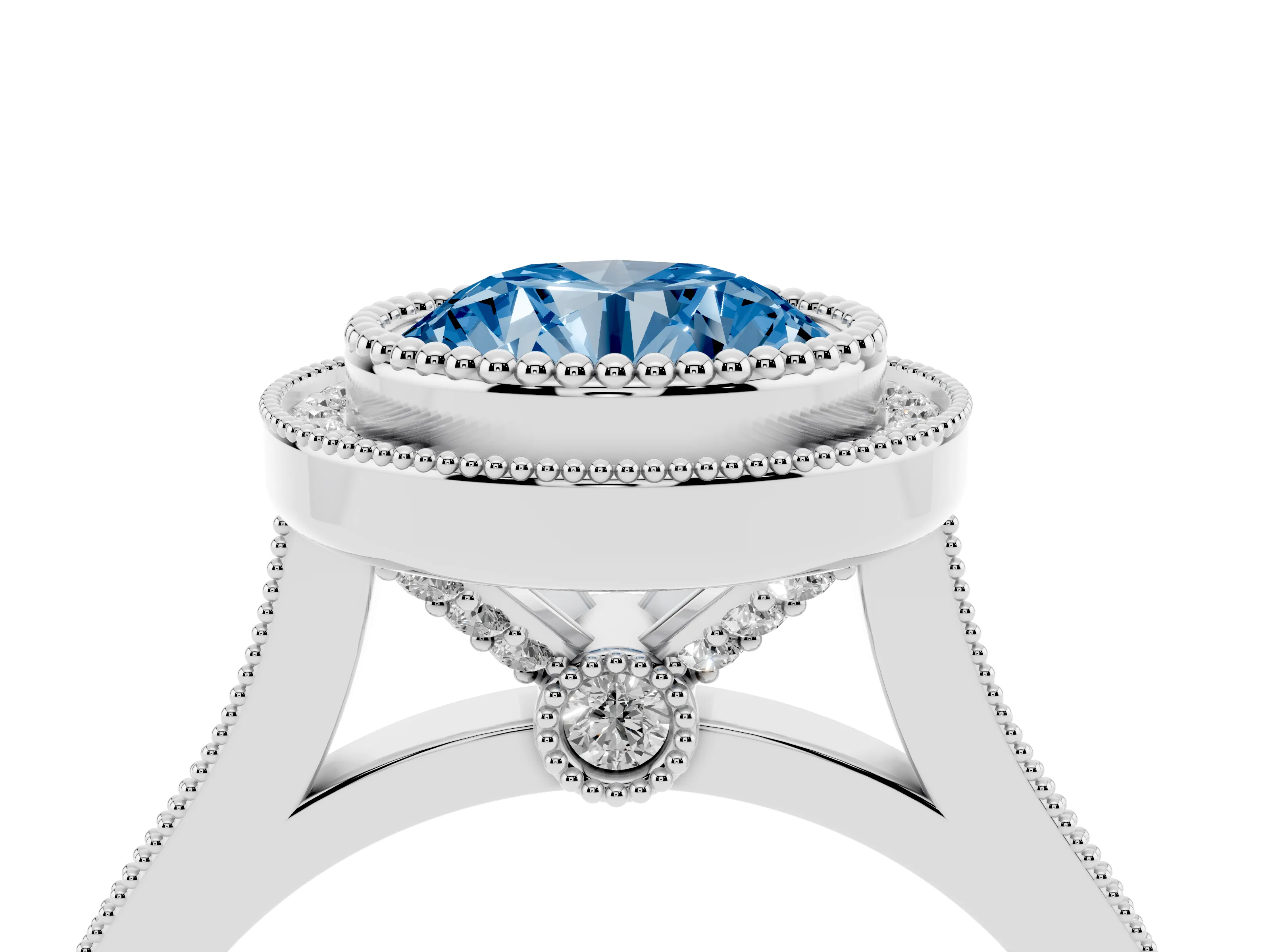 Fancy Blue Round Cut Diamond Halo Ring Set in Silver with Milgrain Frame and Pavé Band