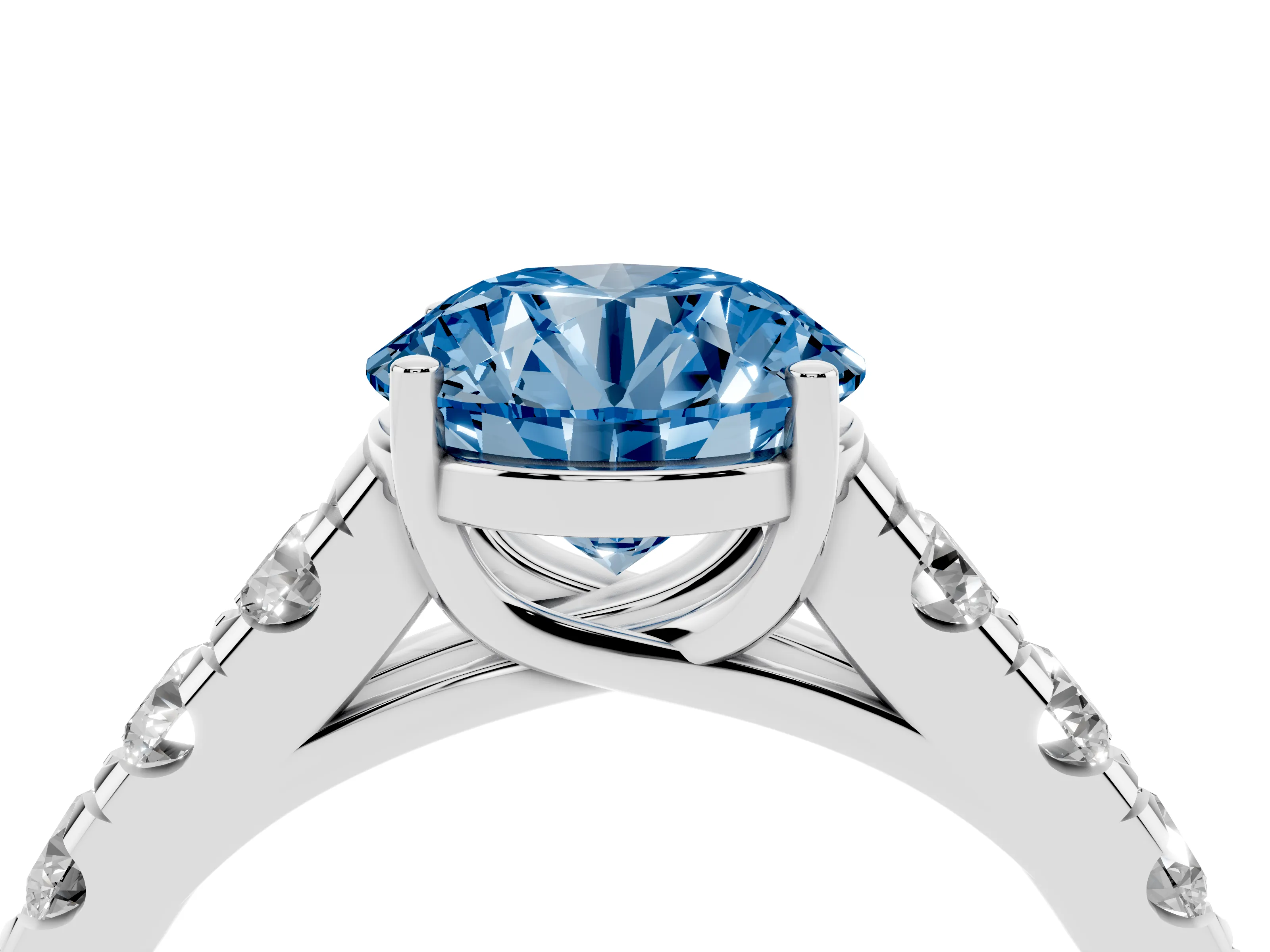 Fancy Blue Round Cut Diamond Solitaire Ring Set in Platinum with Cut-Down Micro Pavé Band and Prong Setting