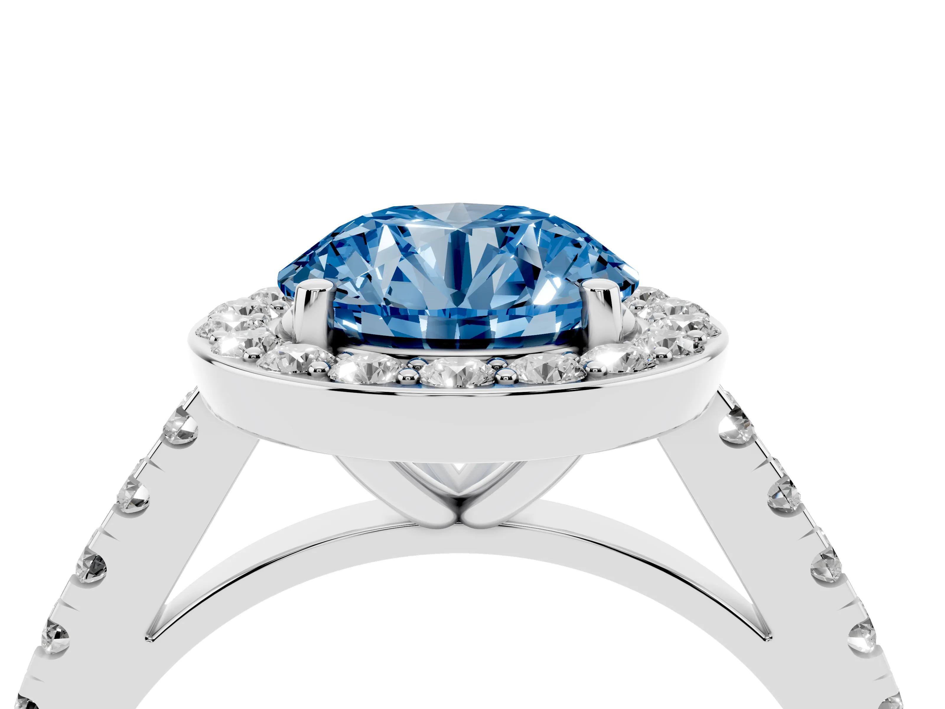 Fancy Blue Round Cut Diamond Halo Ring Set in Platinum with Round Pavé Split Shank and Prong Setting