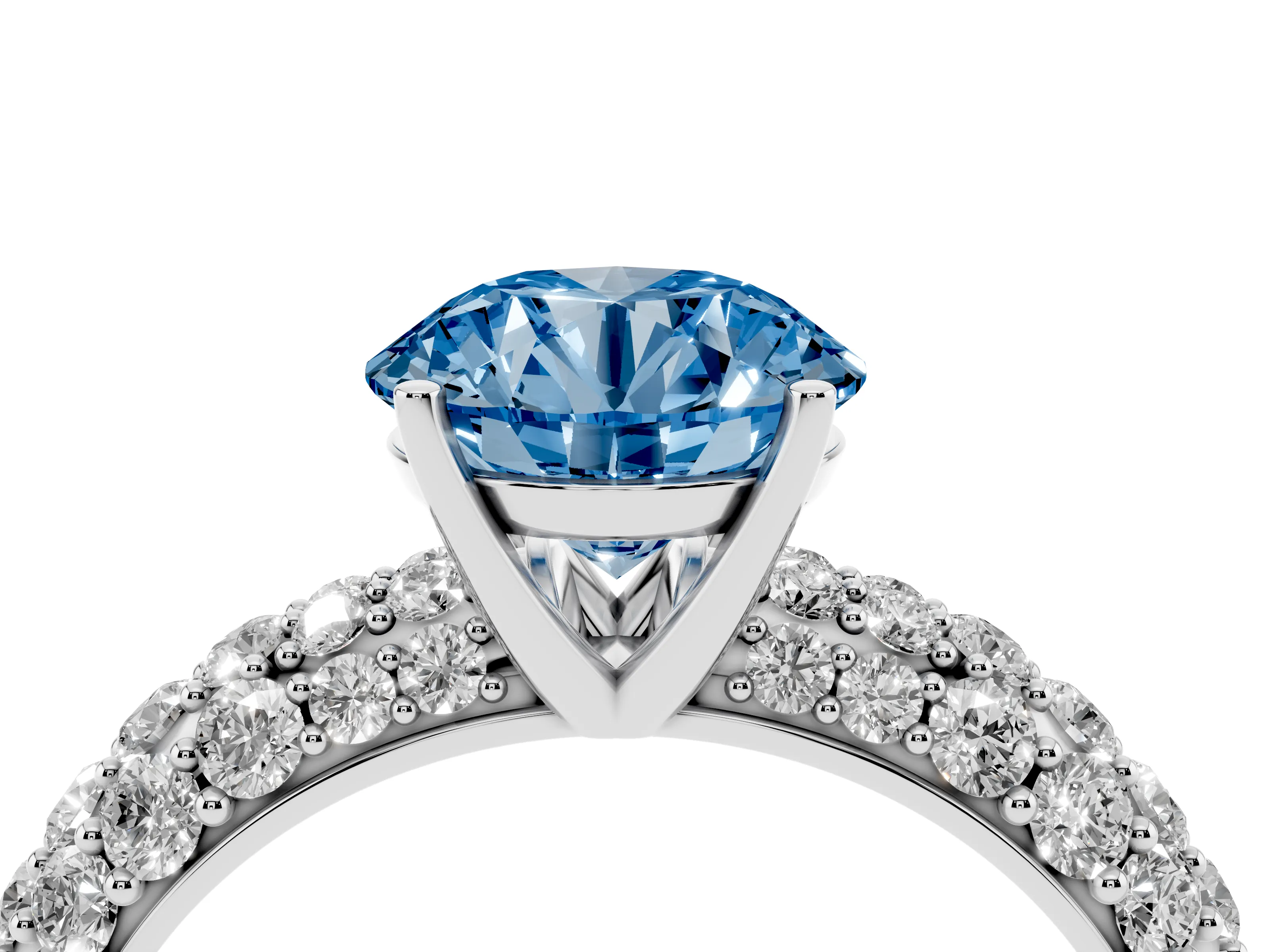 Fancy Blue Round Cut Diamond Pavé Band Solitaire Ring Set in Silver with Close-Set Accent Stones and Prong Setting