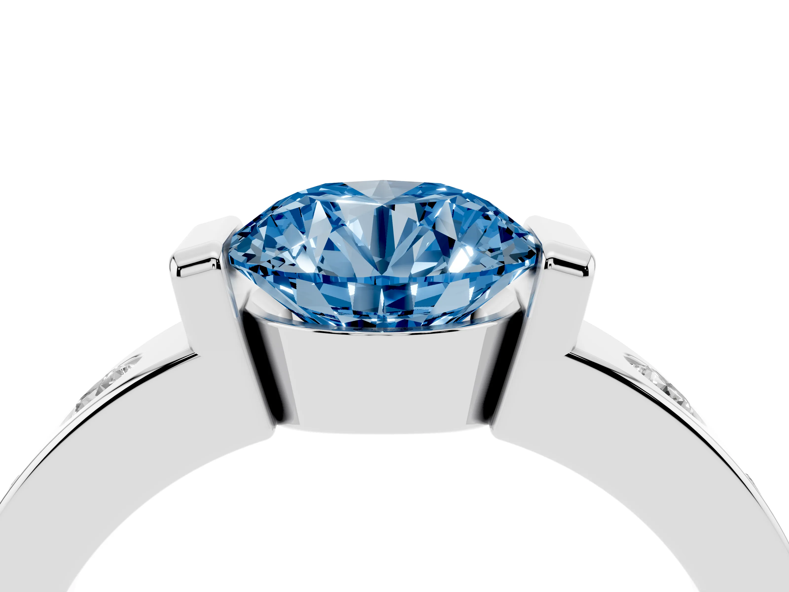 Fancy Blue Round Cut Diamond Channel-Set Band Ring Set in White gold with Bezel Prong Setting