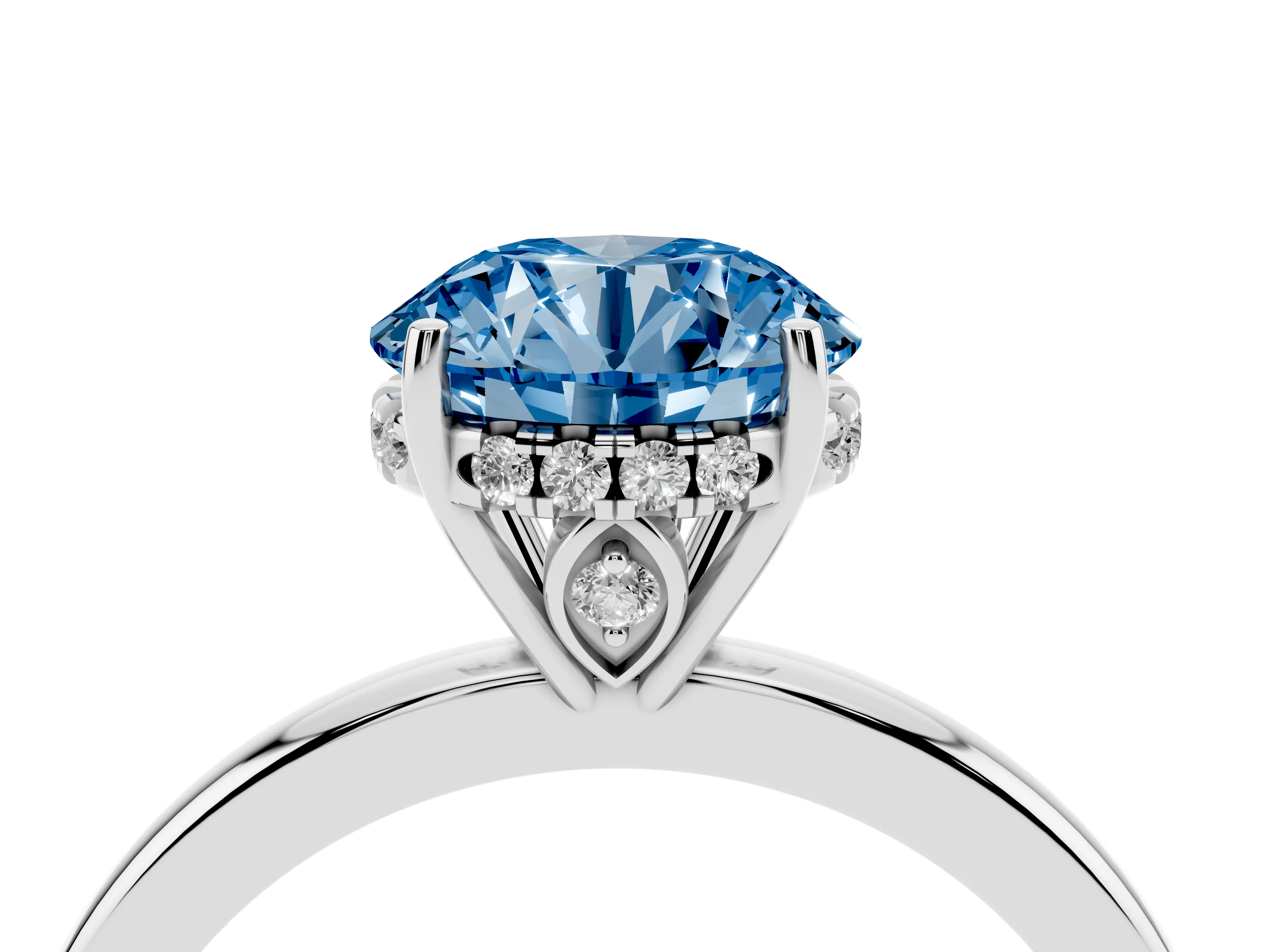 Fancy Blue Round Cut Diamond Solitaire Ring Set in White gold with Plain Band and Prong Setting