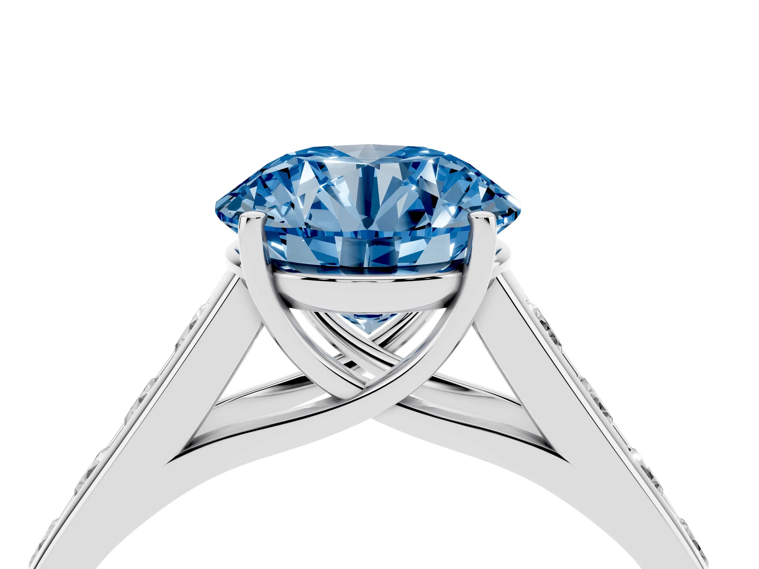 Fancy Blue Round Cut Diamond Solitaire Channel-Set Engagement Ring Set in Platinum with Prong Setting