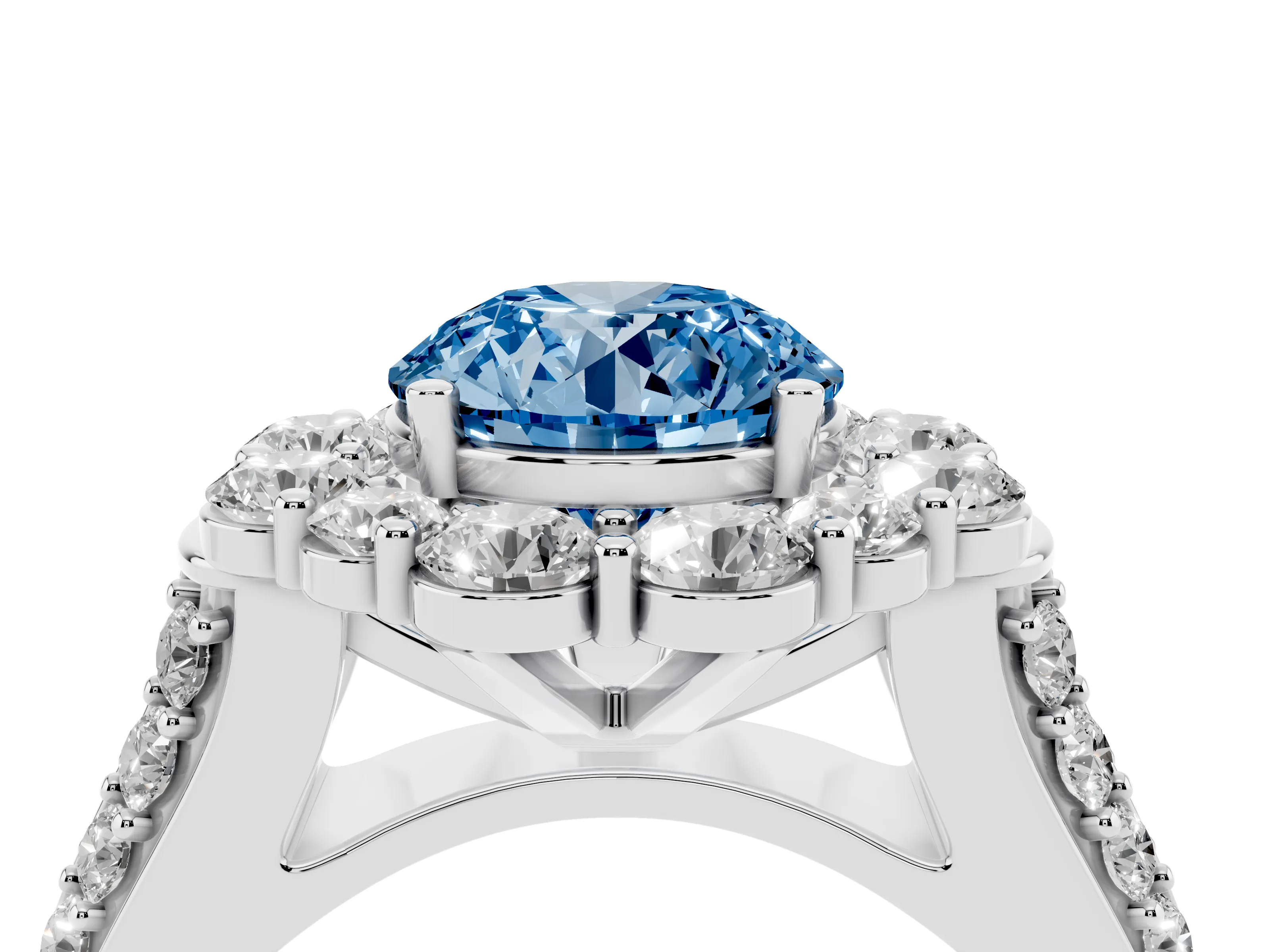 Fancy Blue Round Cut Diamond Halo Engagement Ring Set in Platinum with Split Shank and Prong Setting