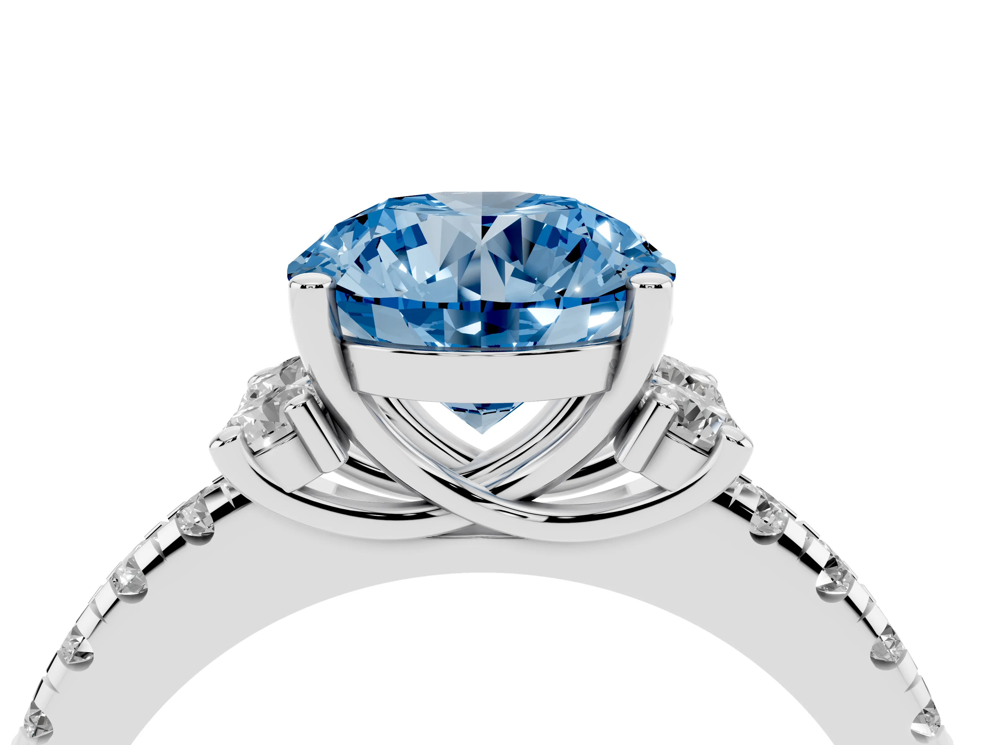 Fancy Blue Round Cut Diamond Three-Stone Pavé Ring Set in White gold with Prong Setting