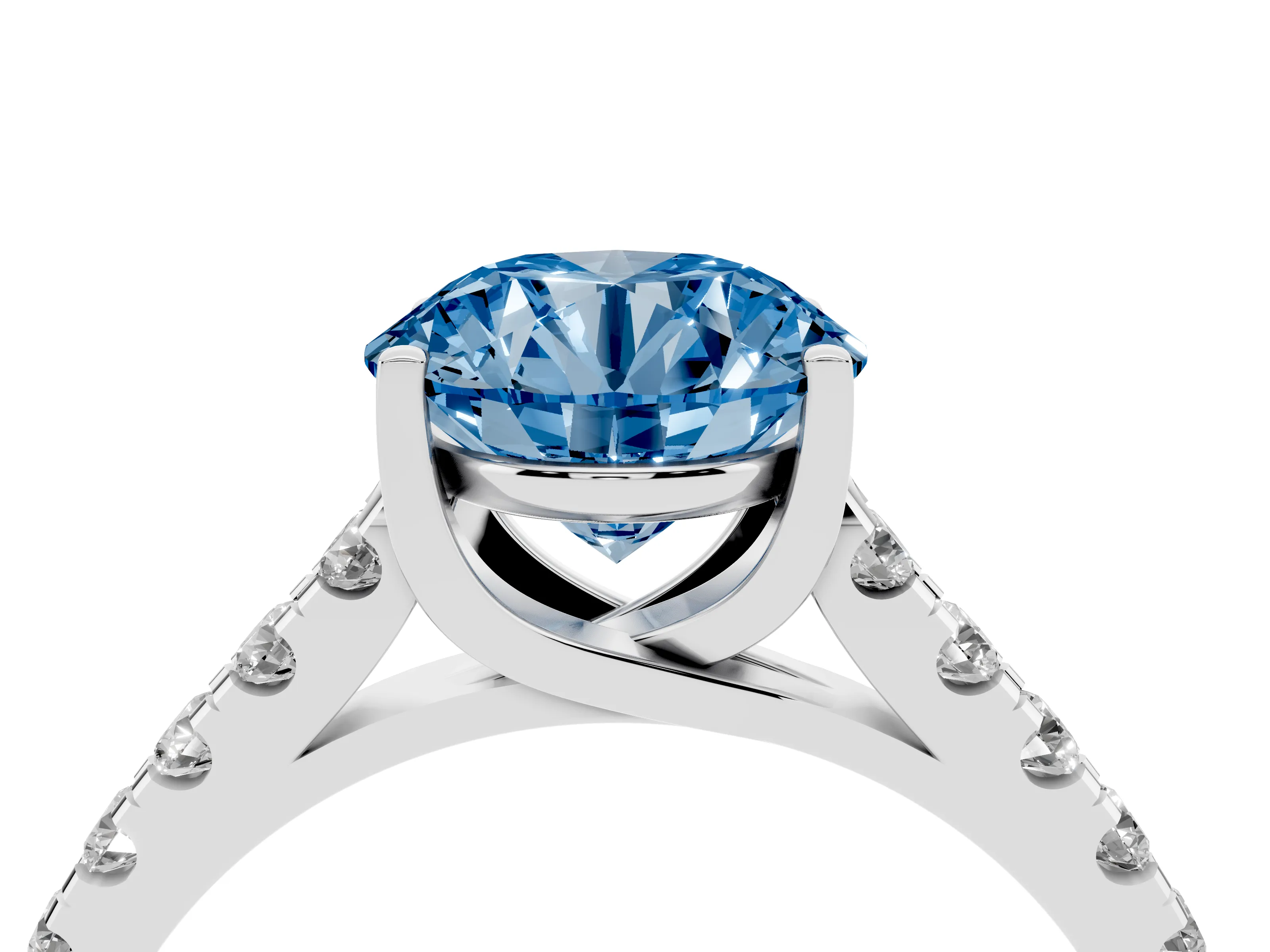 Fancy Blue Round Cut Diamond Pavé Band Solitaire Ring Set in White gold with Partway Accent Stones and Prong Setting