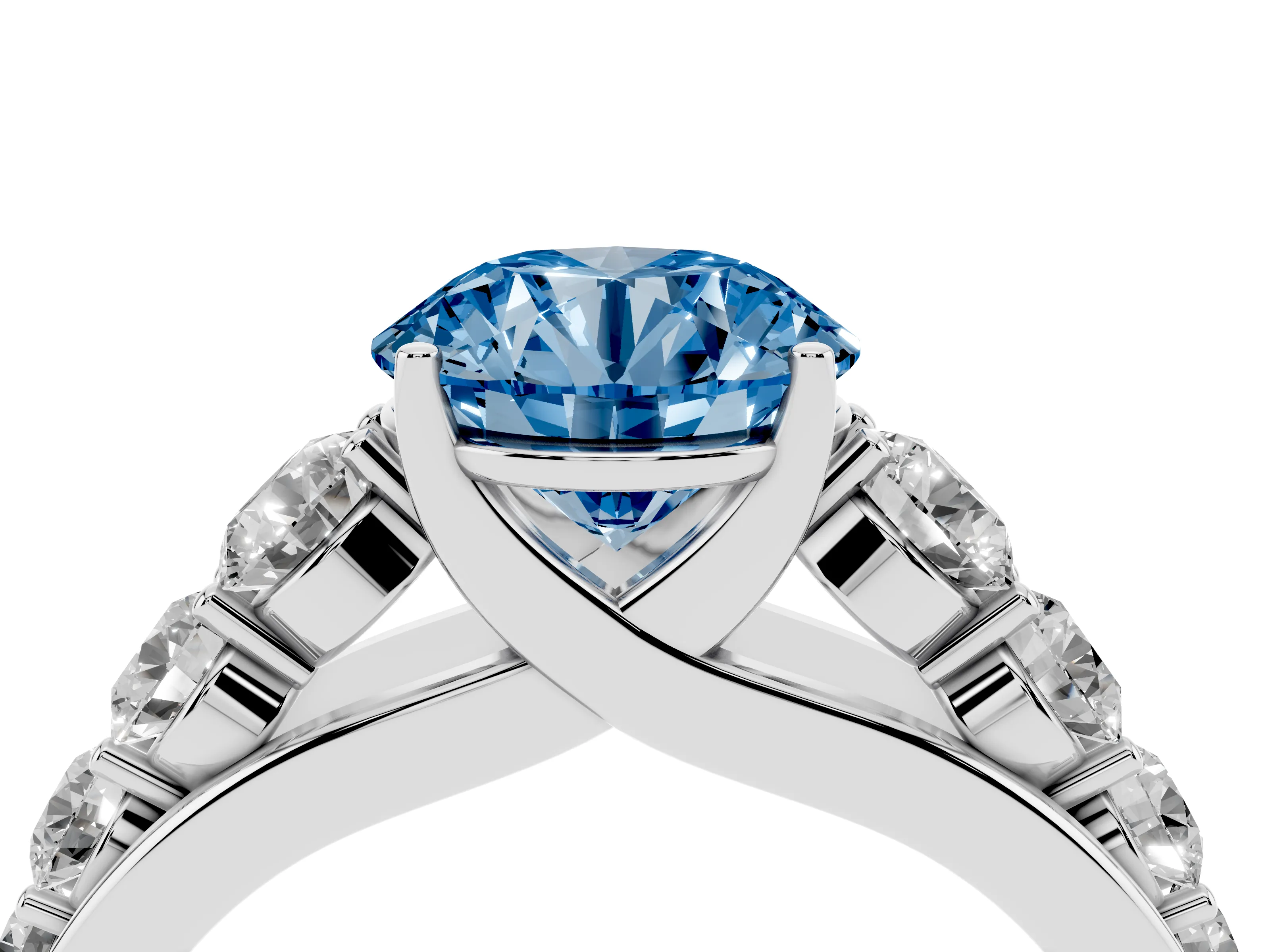 Fancy Blue Round Cut Diamond Solitaire Ring Set in Silver with Pavé-Set Band and Prong Setting
