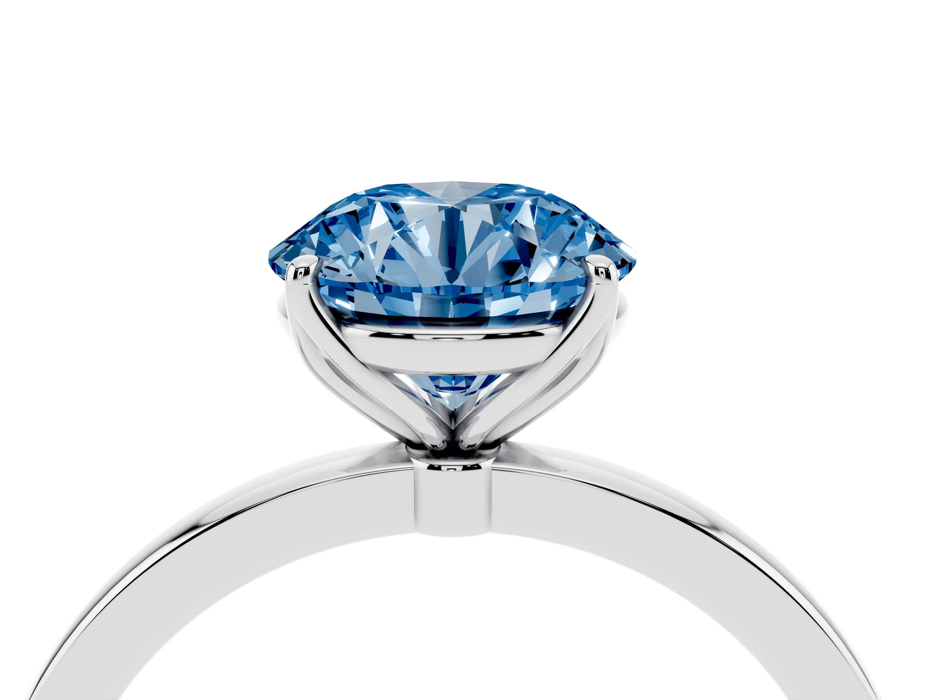 Fancy Blue Round Cut Diamond Solitaire Ring Set in White gold with Prong Setting and Thin Polished Band