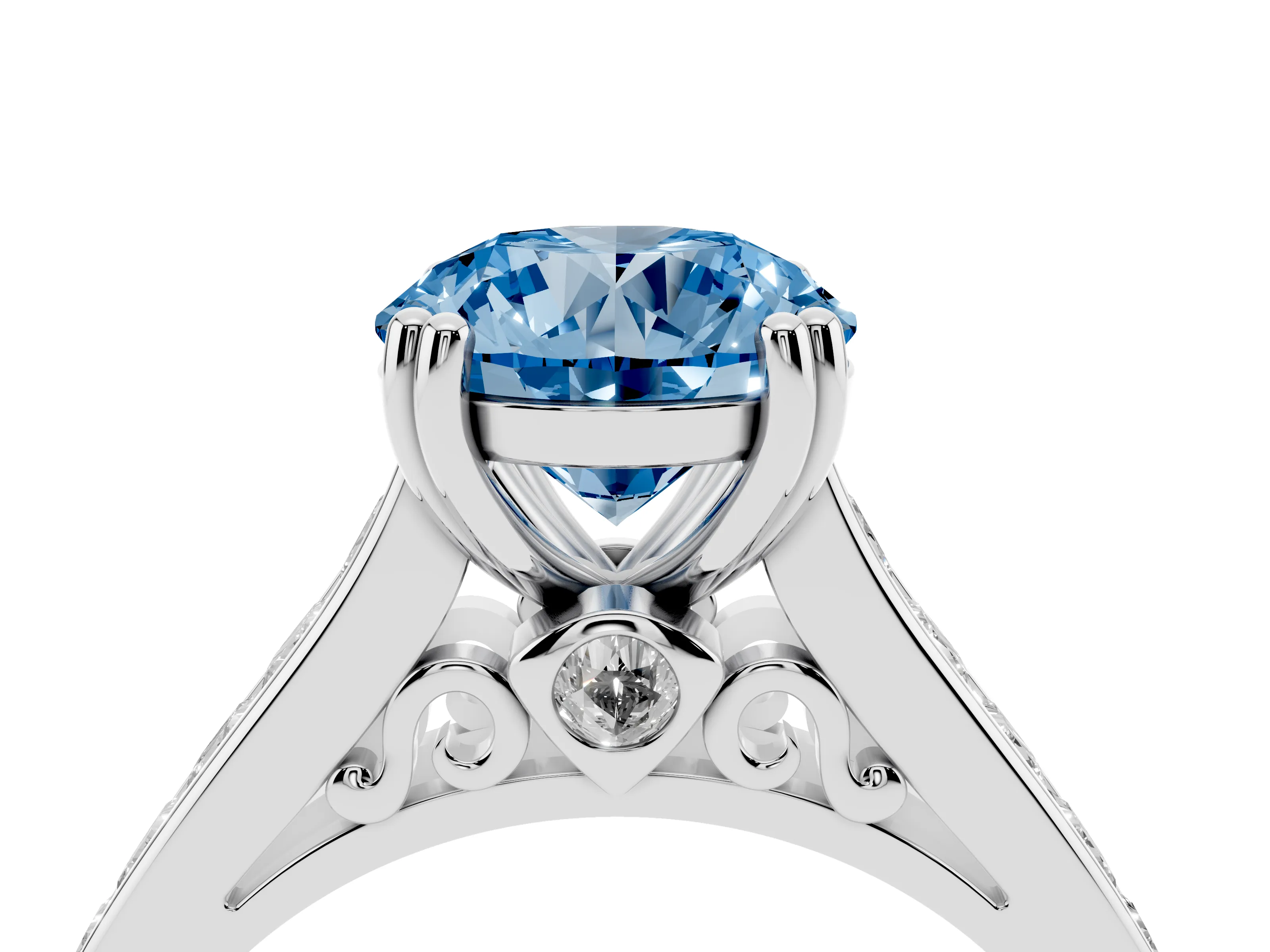 Fancy Blue Round Cut Diamond Channel Set Solitaire Engagement Ring Set in Platinum with Prong Setting