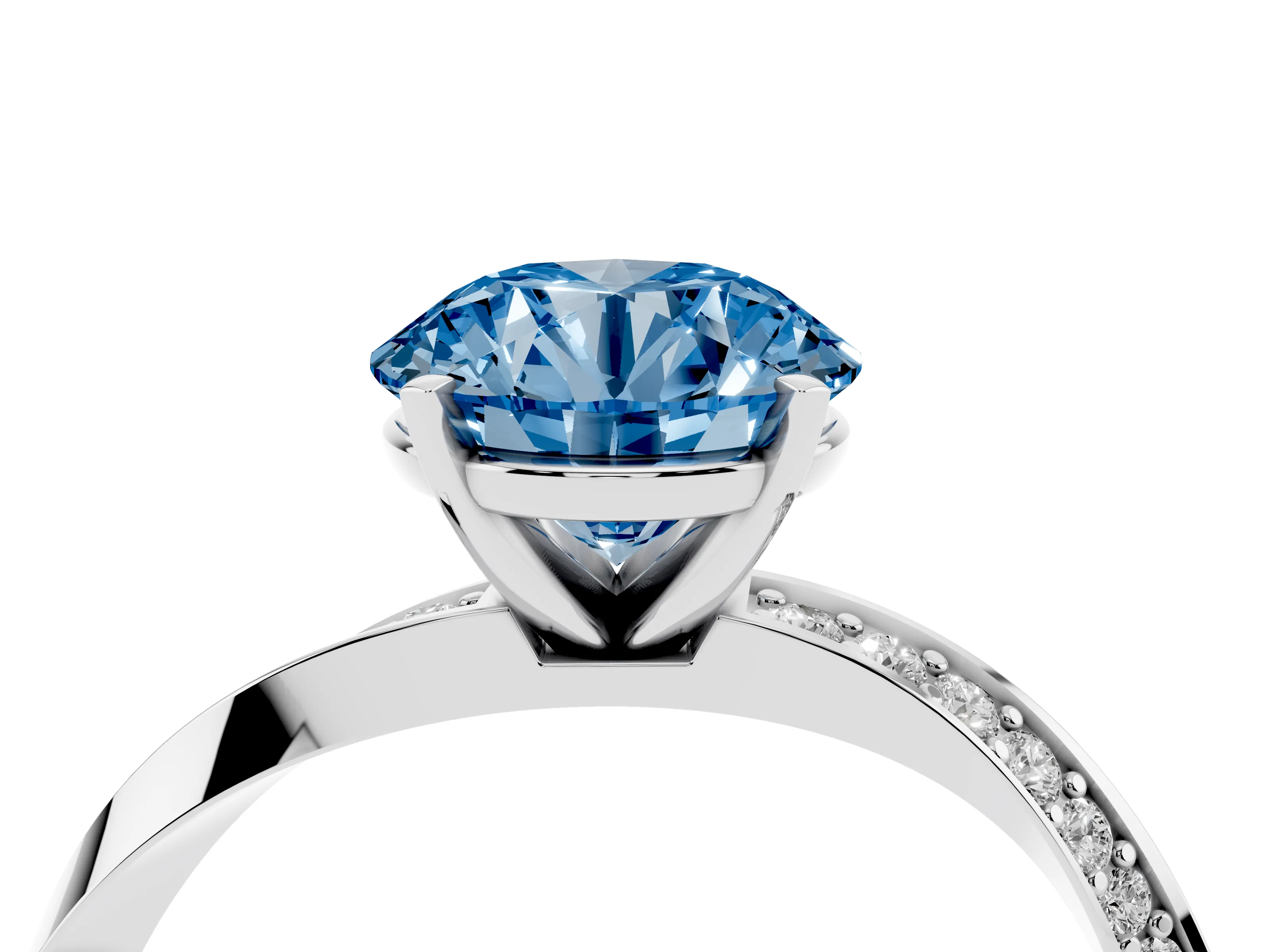 Fancy Blue Round Cut Diamond Engagement Ring Set in Platinum with Side Stone Accents and Prong Setting