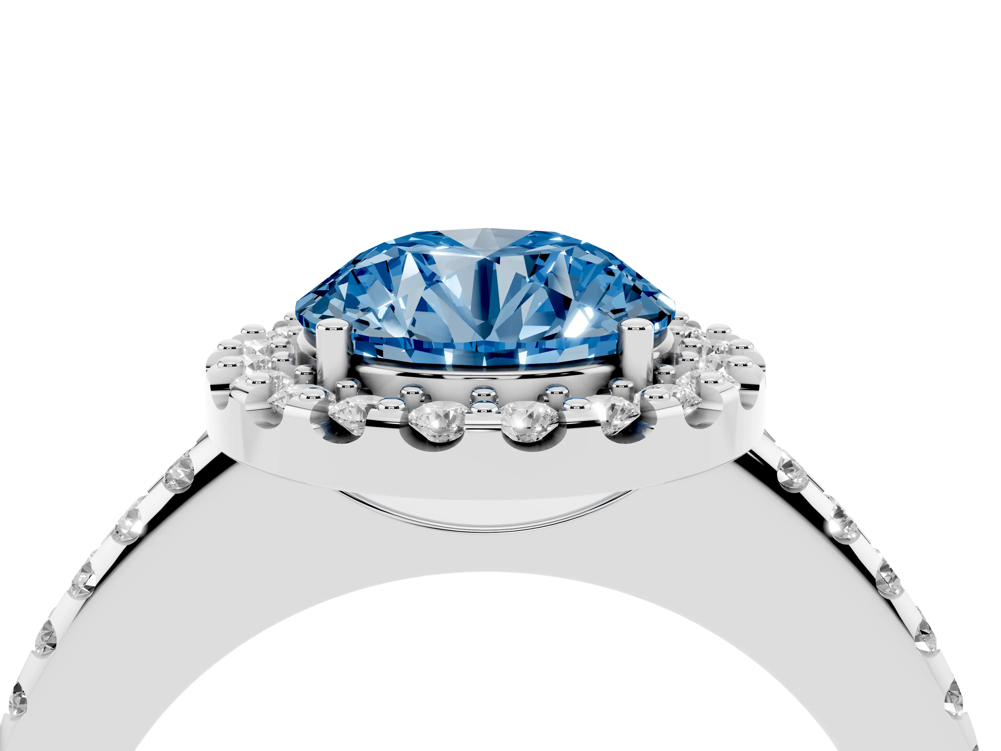 Fancy Blue Round Cut Diamond Pavé Halo Ring Set in Platinum with Prong Setting