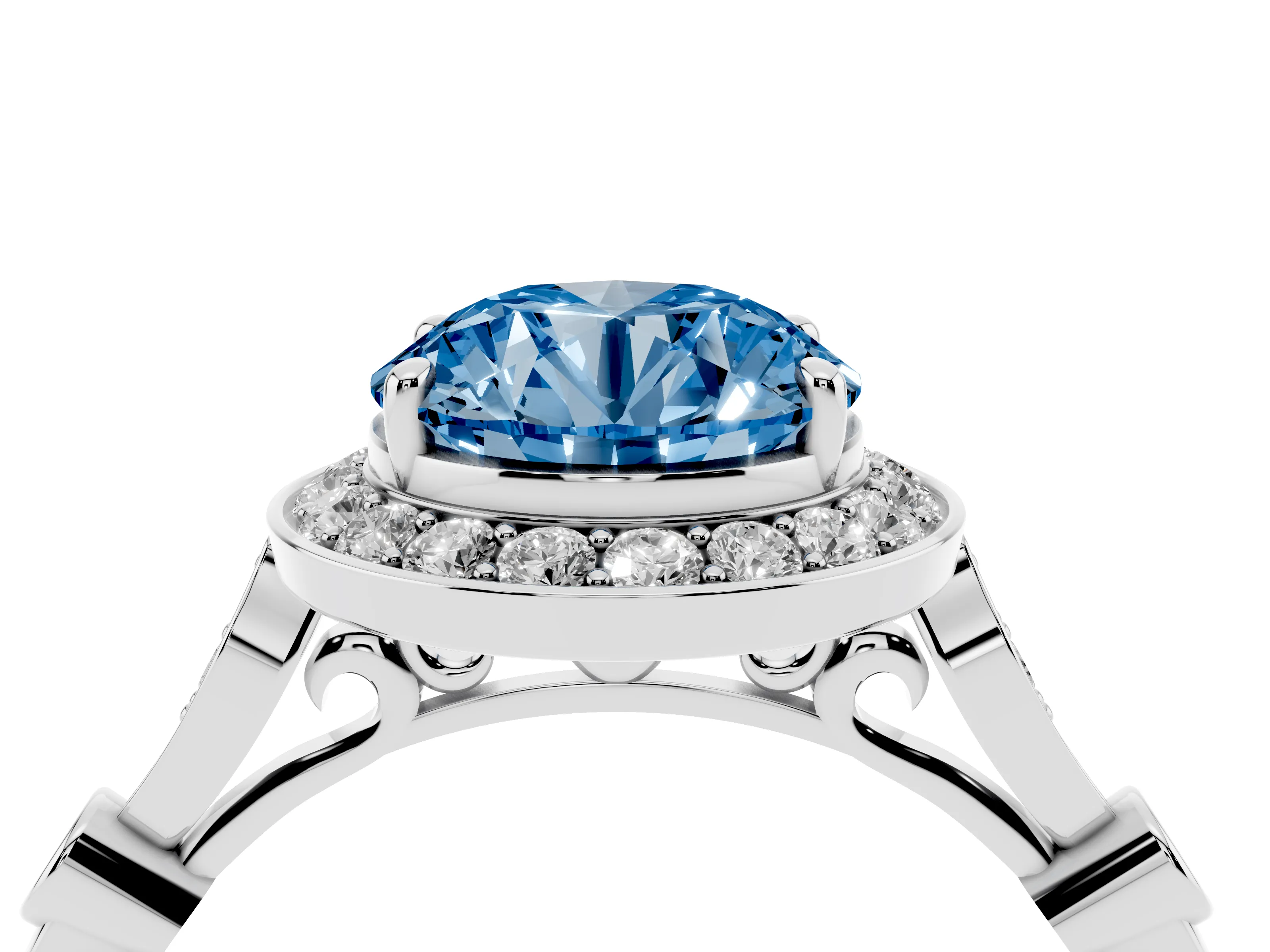 Fancy Blue Round Cut Diamond Halo Engagement Ring Set in Platinum with Twisted Band and Prong Setting