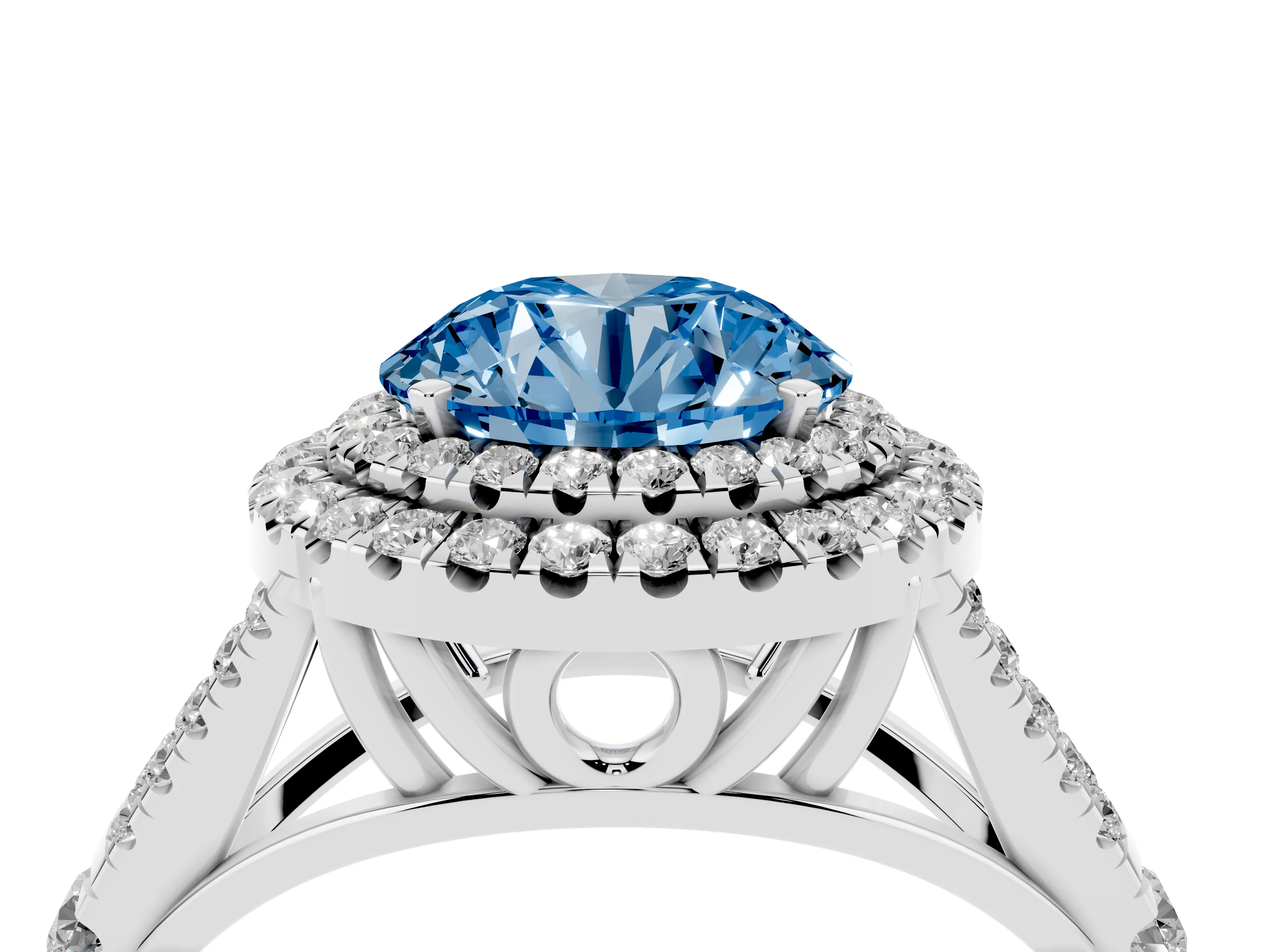 Fancy Blue Round Cut Diamond Pavé Split Shank Double Halo Engagement Ring Set in Silver
