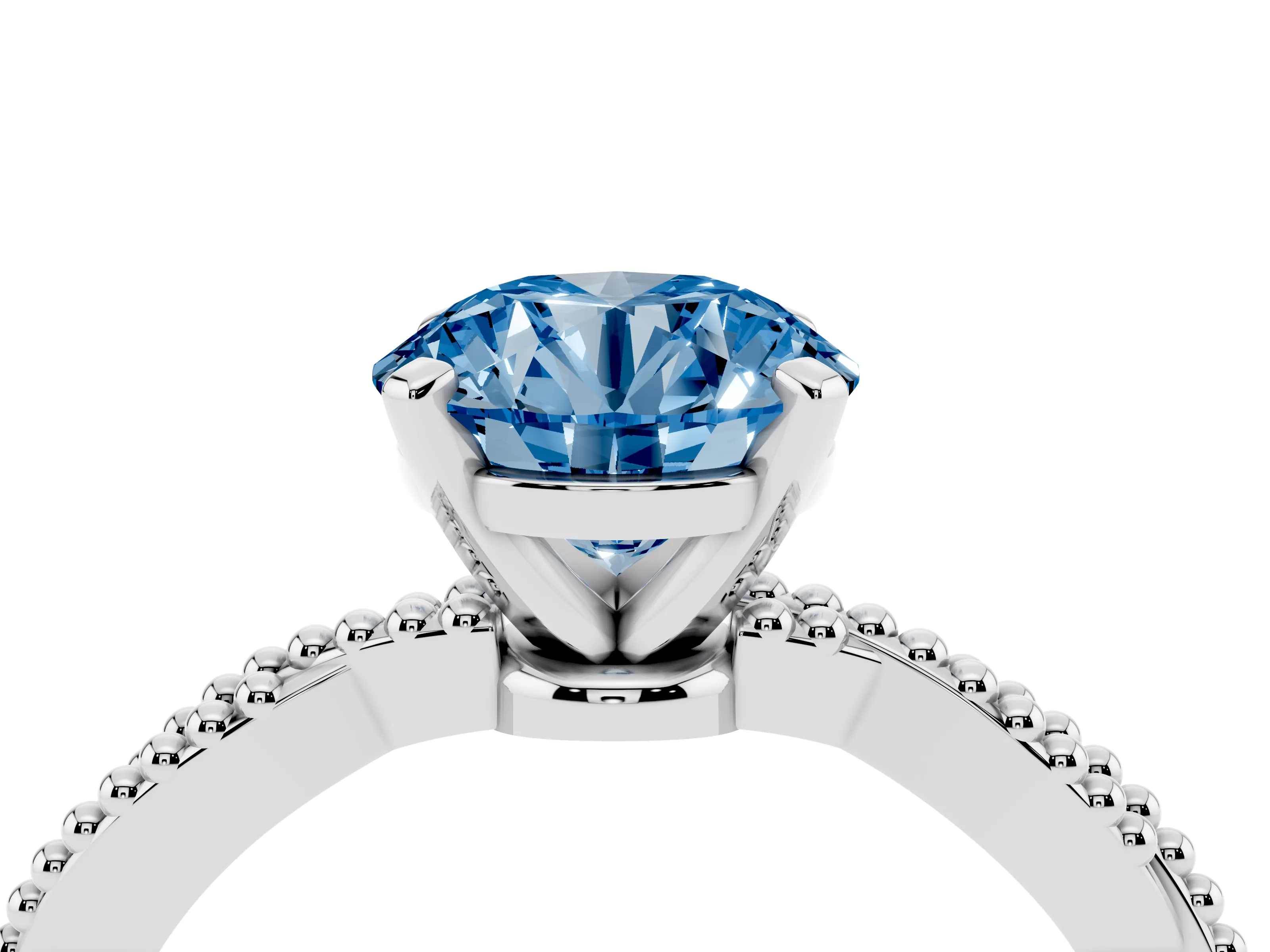 Fancy Blue Round Cut Diamond Solitaire Ring Set in Platinum with Twisted Band and Bead Prong Setting
